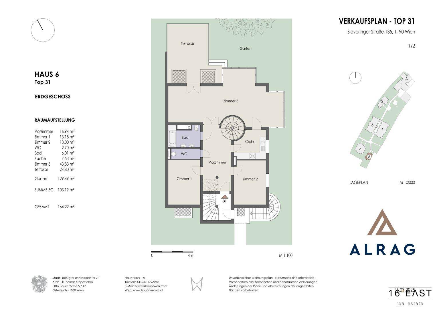 Grundriss des Erdgeschosses von Haus 6, Top 31, mit Terrasse und Garten.