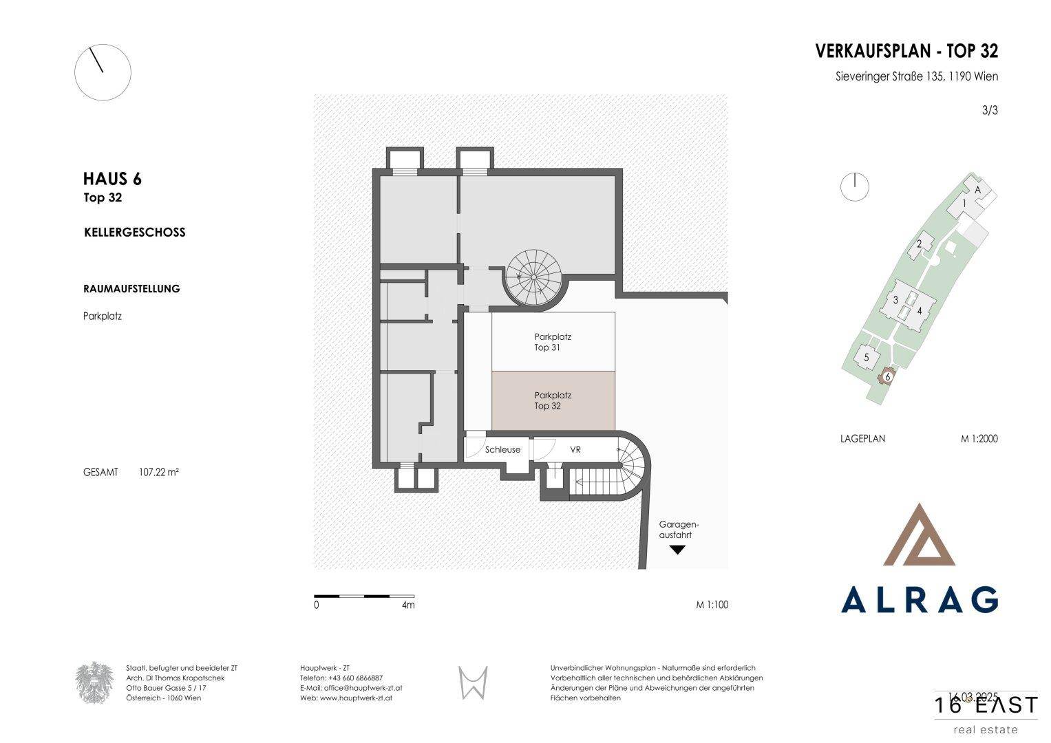 Grundriss des Kellergeschosses mit Parkplätzen und Abstellraum, zeigt die unterirdische Ebene.