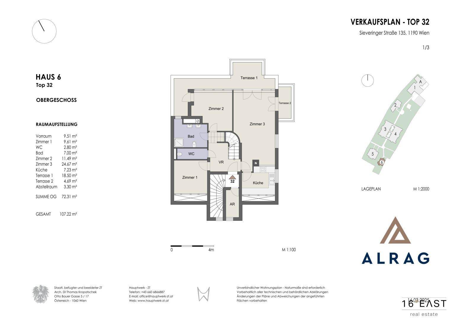Grundriss des Obergeschosses mit drei Zimmern, Bad, WC und zwei Terrassen, zeigt die Raumaufteilung.