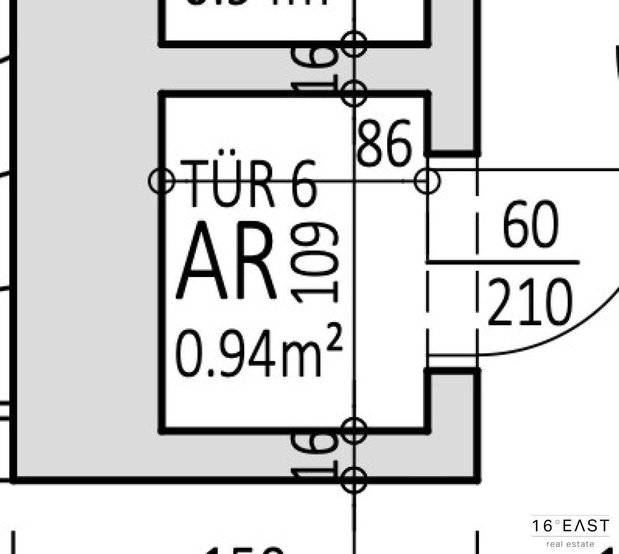 Detailansicht des Grundrisses mit Abstellraum und Maßen.