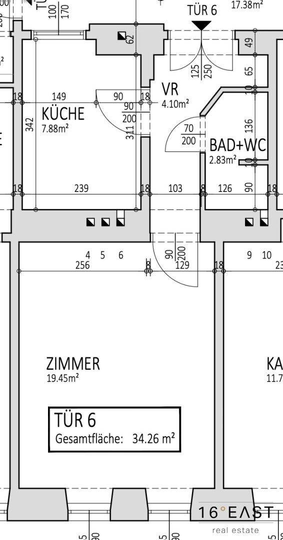 Grundrissdetail mit Zimmer, Küche und Bad/WC, inklusive Flächenangaben.