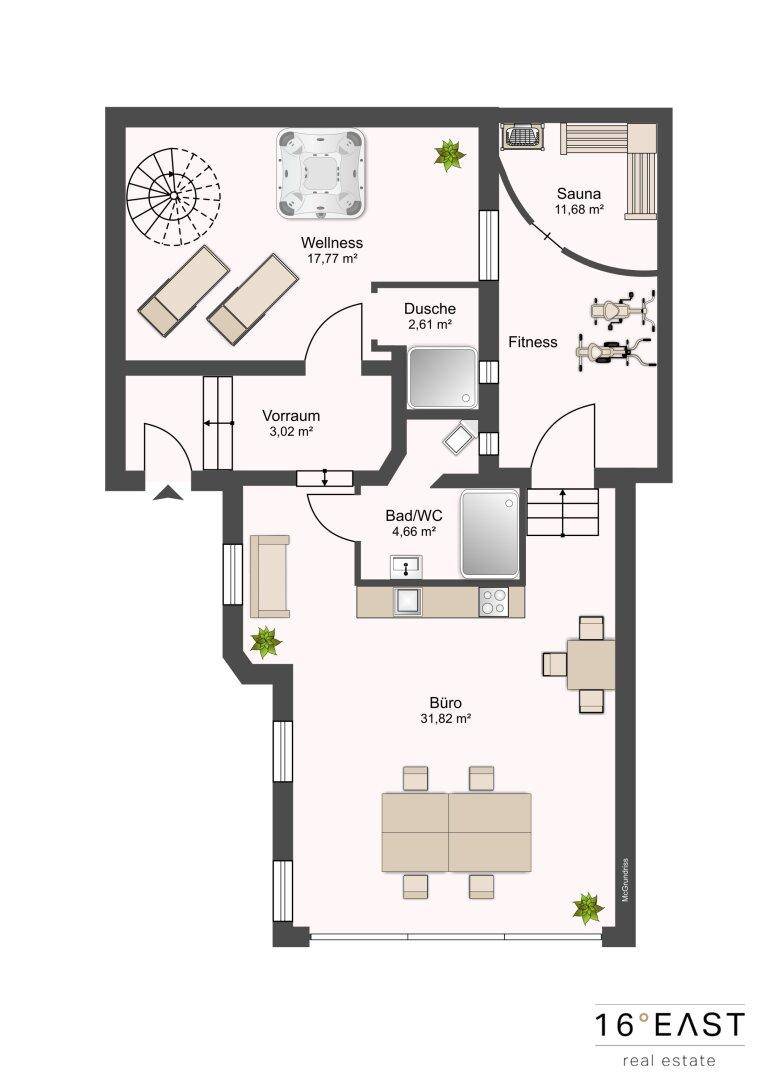 Grundriss des Untergeschosses mit Wellnessbereich, Fitness und Büro.