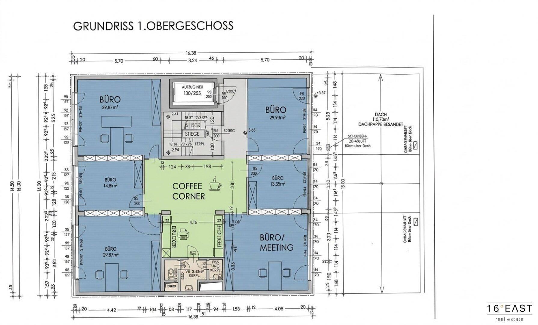 Grundriss des 1. Obergeschosses mit mehreren Büroräumen und einem Kaffee-Eckbereich.
