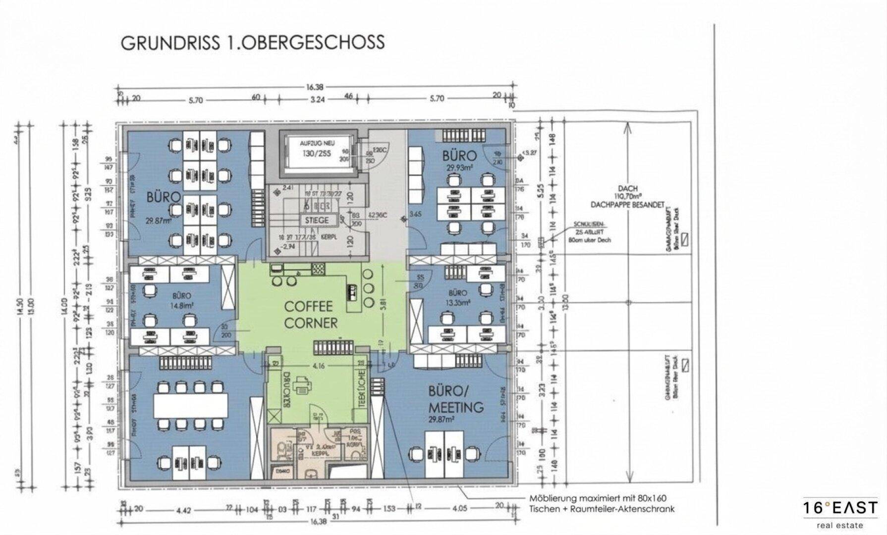 Grundriss des 1. Obergeschosses mit mehreren Büroräumen, einem Besprechungsbereich und einer Kaffeebar.