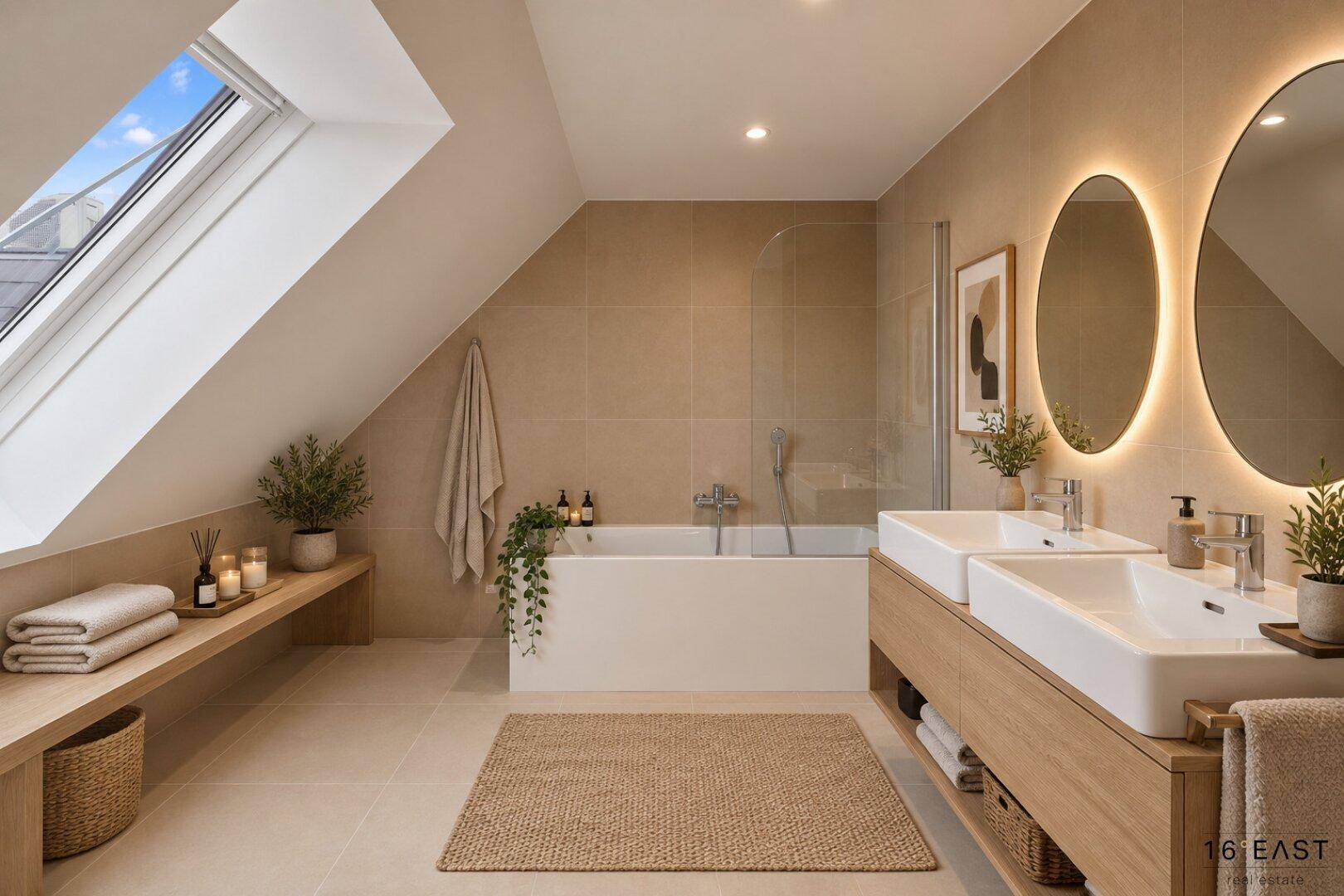 Modernes Badezimmer mit Doppelwaschbecken, Badewanne, begehbarer Dusche und großem Dachfenster.