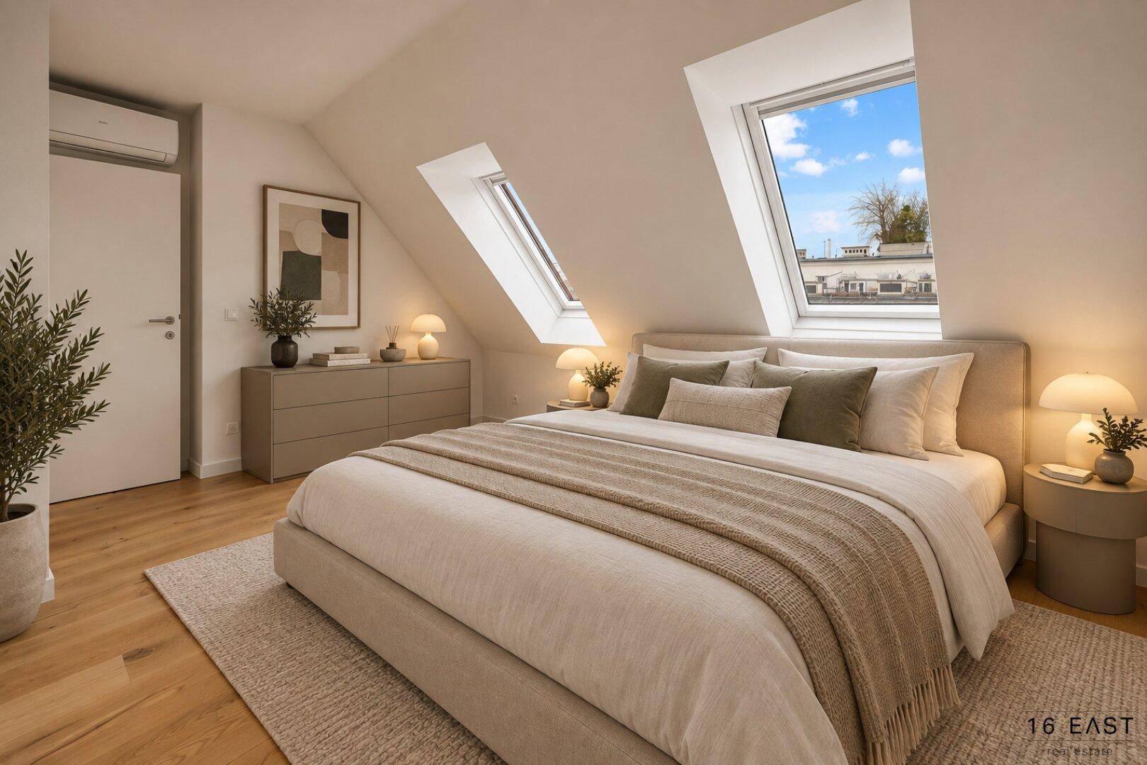 Helles Schlafzimmer mit großem Bett, Holzboden und zwei Dachfenstern unter einer schrägen Decke.