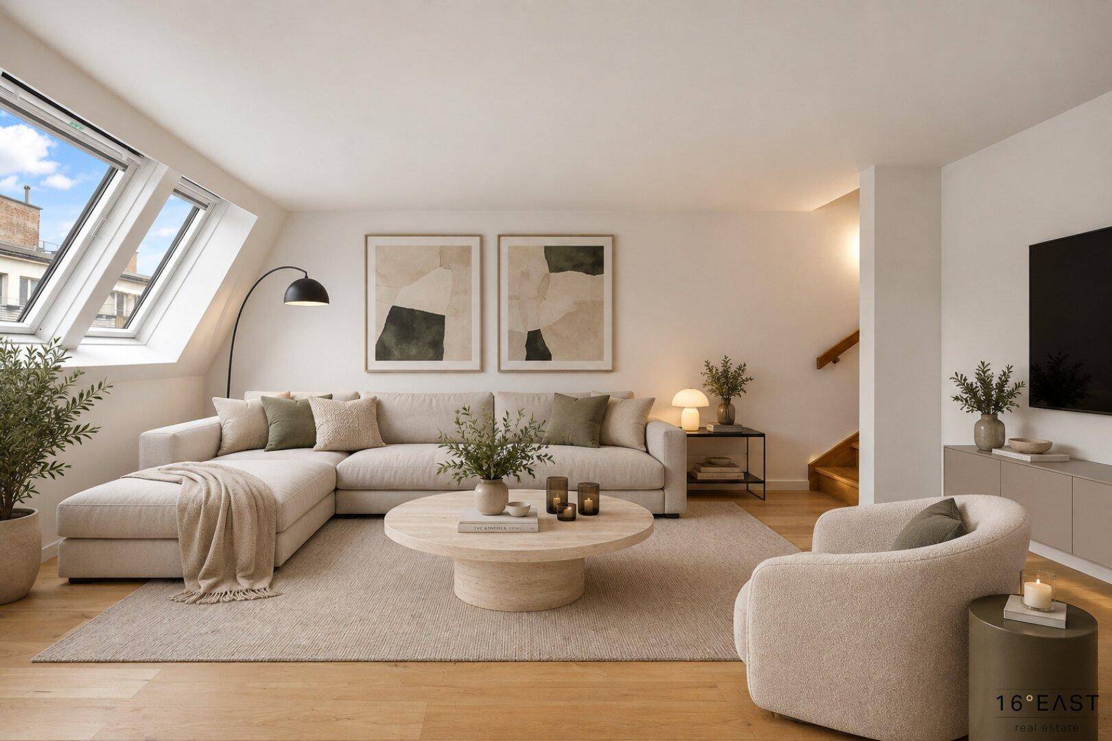 Helles Wohnzimmer mit gemütlichem Ecksofa, Holzboden und großen Dachfenstern, die viel Licht hereinlassen.