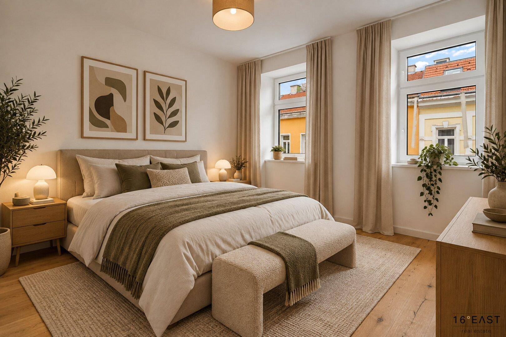 Gemütliches Schlafzimmer mit großem Doppelbett, Holzboden und hellen Vorhängen.