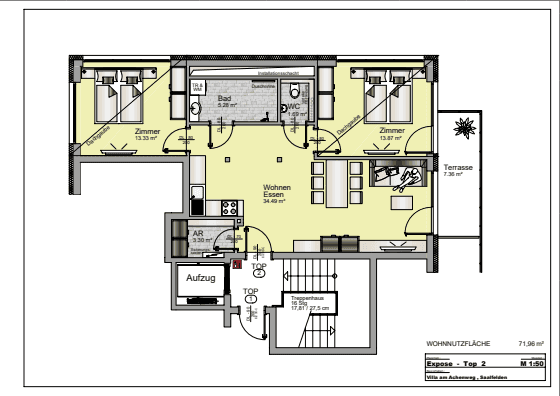 Grundriss einer Wohnung mit zwei Schlafzimmern, offenem Wohn-Essbereich und Terrasse.
