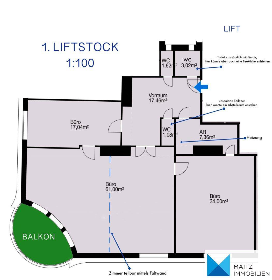 Grundriss des ersten Liftstocks mit mehreren Büroräumen, WCs und einem Balkon.