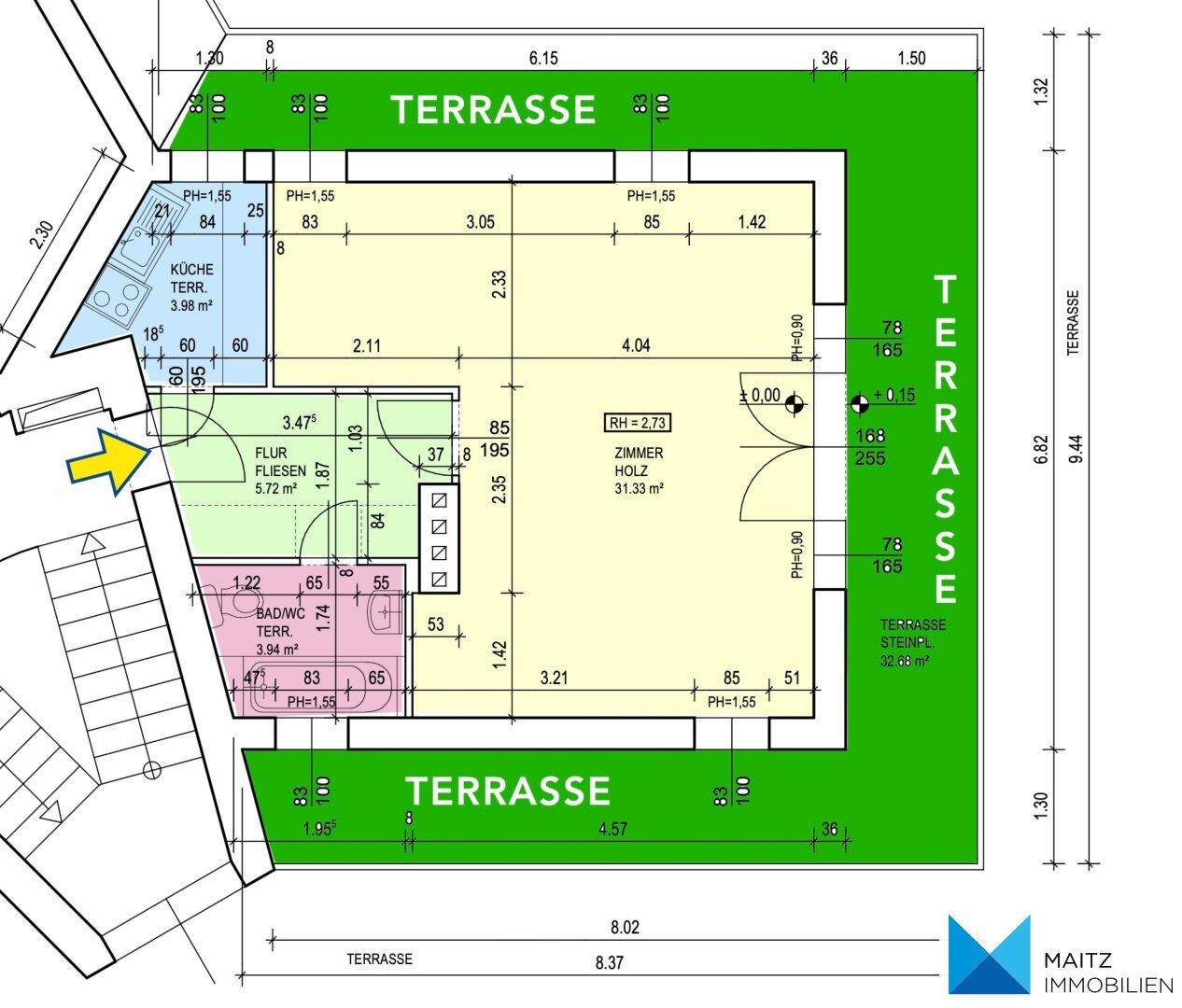 Grundriss einer Wohnung mit großem Zimmer, separater Küche, Bad und weitläufiger Terrasse.
