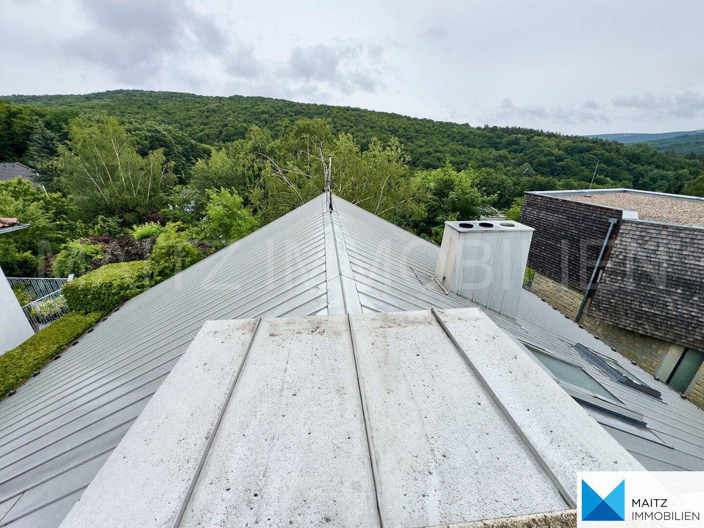 Weitläufiger Blick über das Metalldach des Hauses mit der umliegenden hügeligen Waldlandschaft.