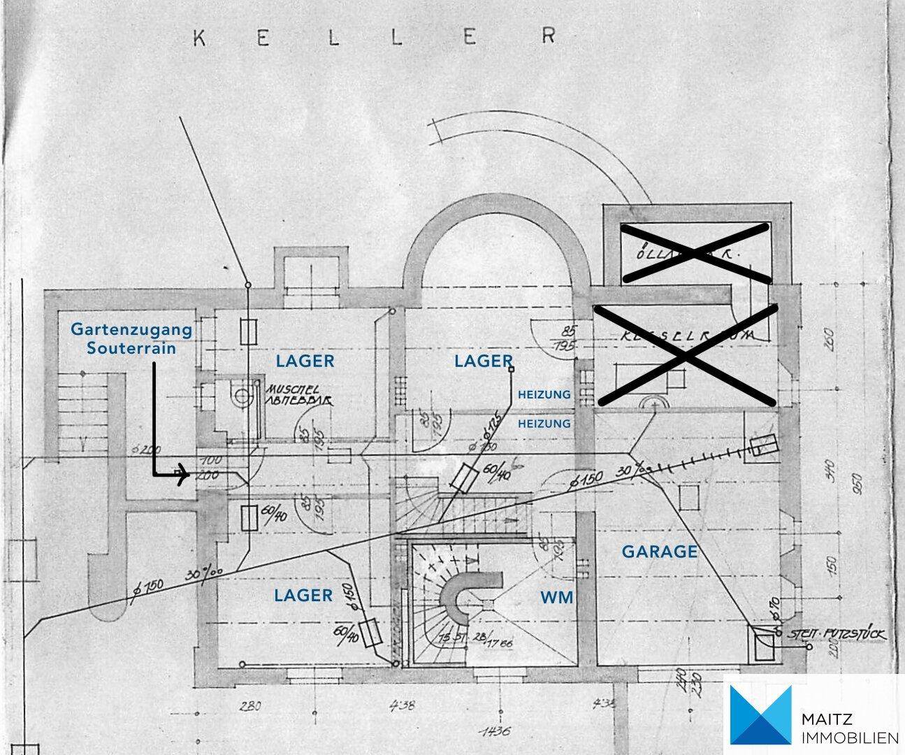 Grundriss des Kellers mit Lagerflächen, Garage, Heizungsraum und direktem Gartenzugang.