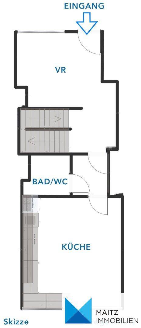 Grundriss des Erdgeschosses mit Eingangsbereich, Vorraum, Bad/WC und separater Küche.