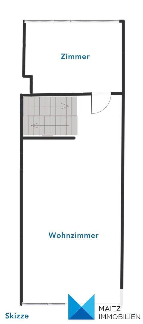 Grundriss des ersten Obergeschosses mit einem Schlafzimmer, Wohnzimmer und Treppenaufgang.