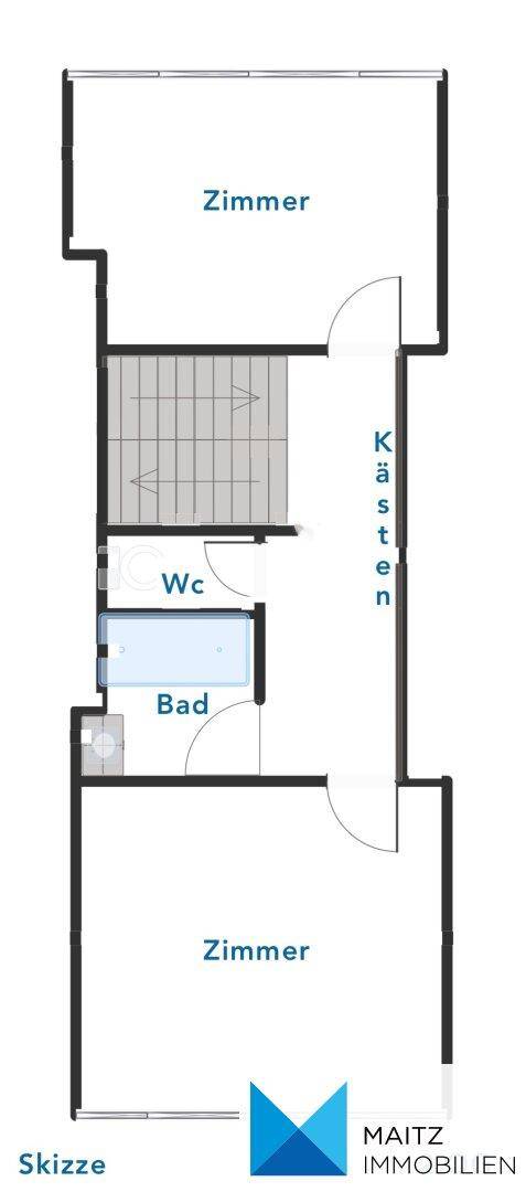 Grundriss des Dachgeschosses mit zwei Schlafzimmern, separatem WC, Bad und integriertem Stauraum.