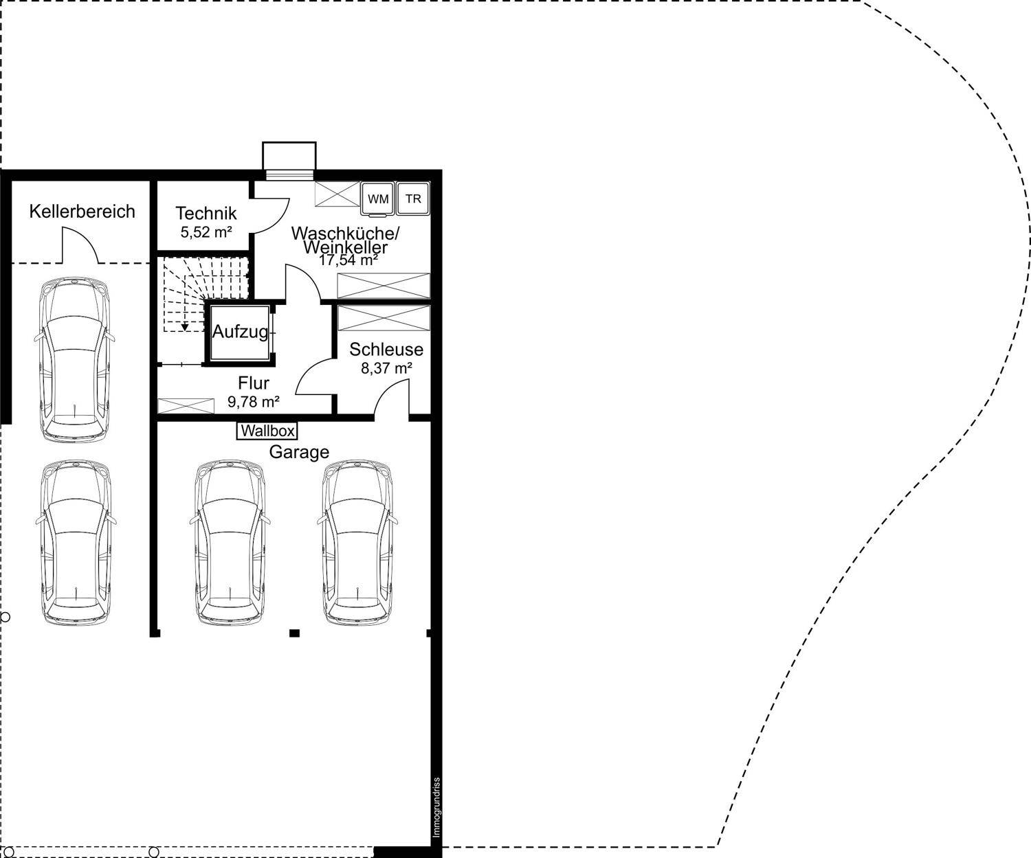 Grundriss des Kellergeschosses mit Garage, Waschküche, Weinkeller und Technikraum.