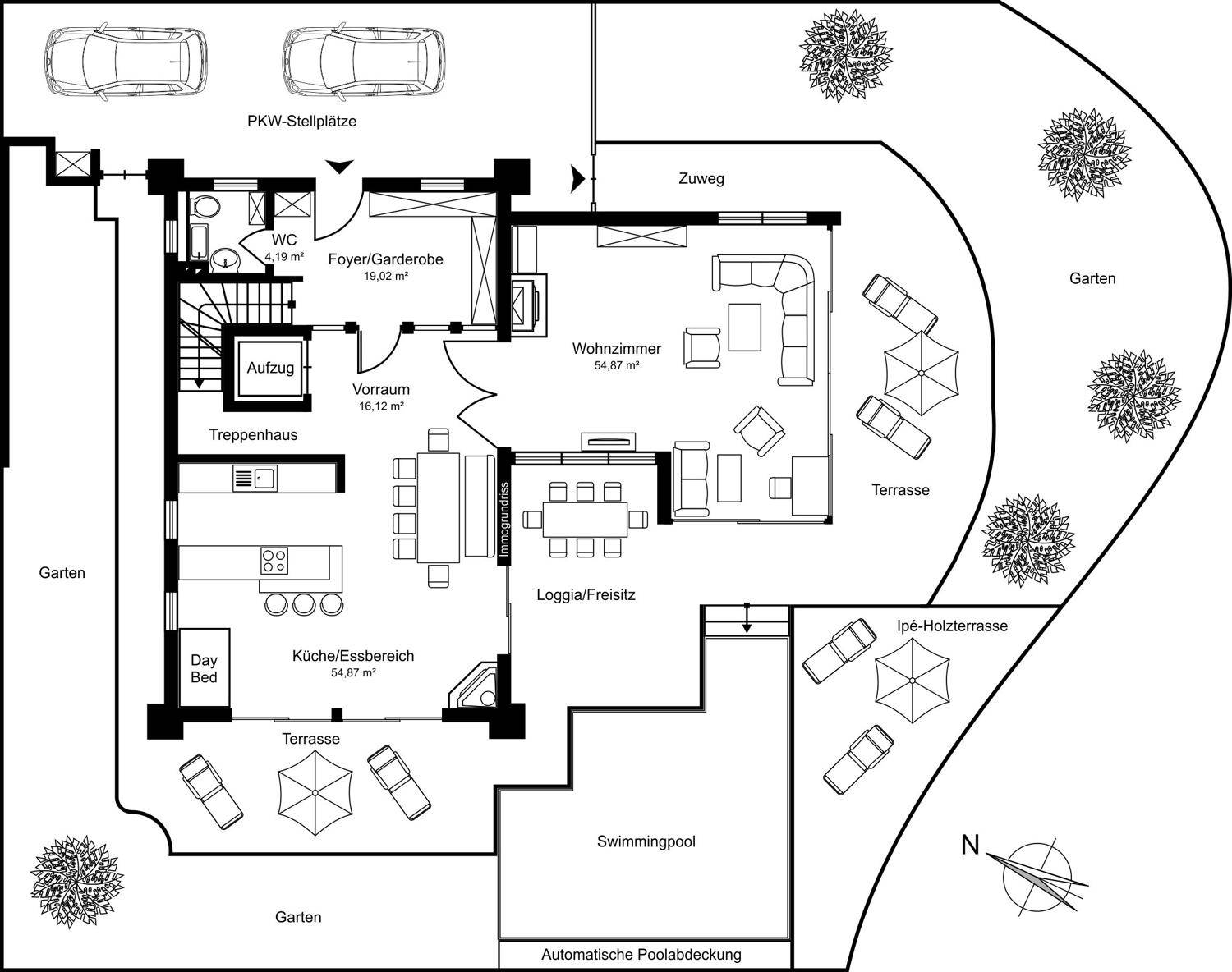 Grundriss des Erdgeschosses mit Wohnzimmer, Küche, Essbereich, Terrasse und Pool.