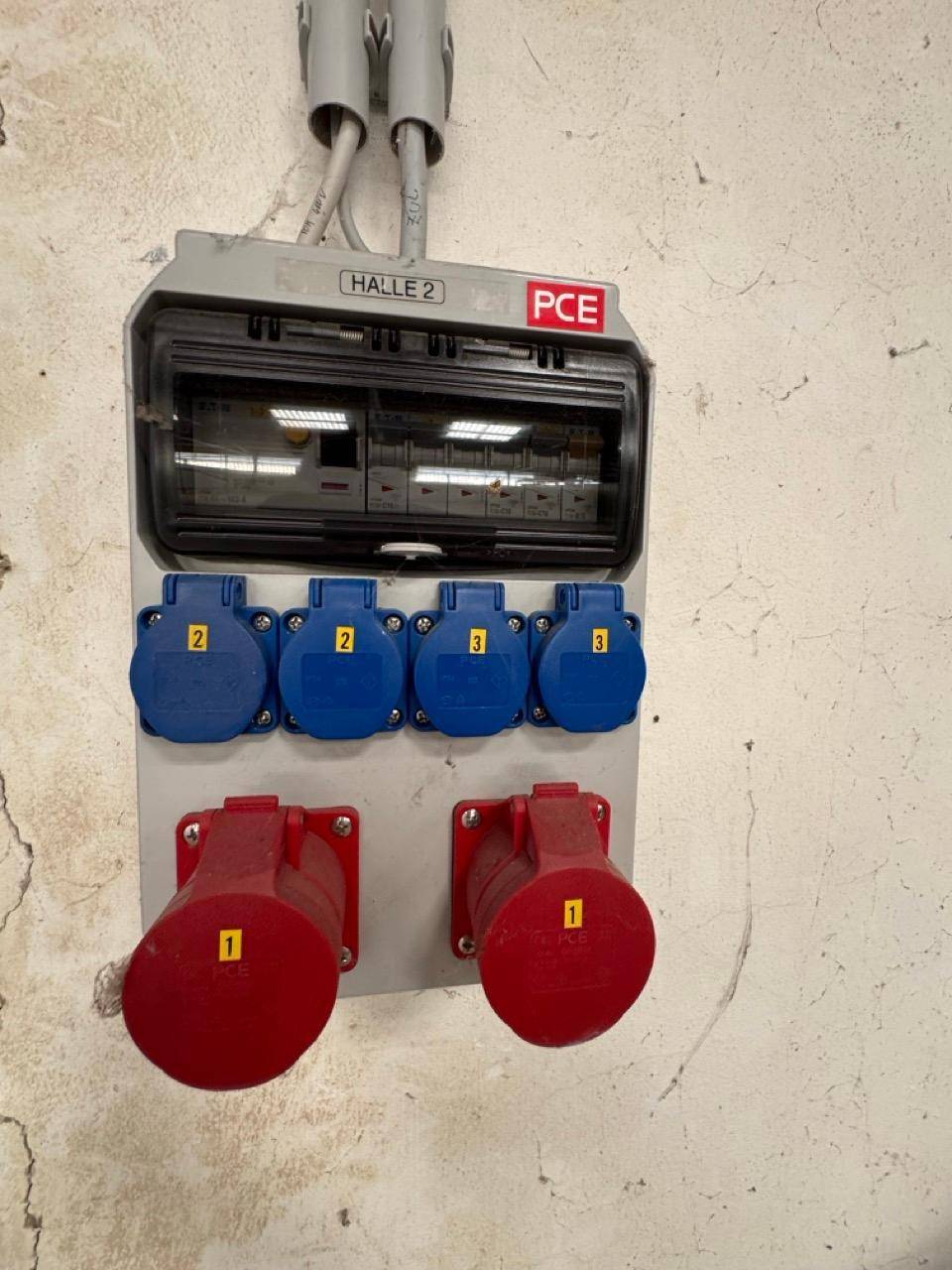 Elektrischer Verteilerkasten mit mehreren blauen und roten Industriesteckdosen an einer Wand.
