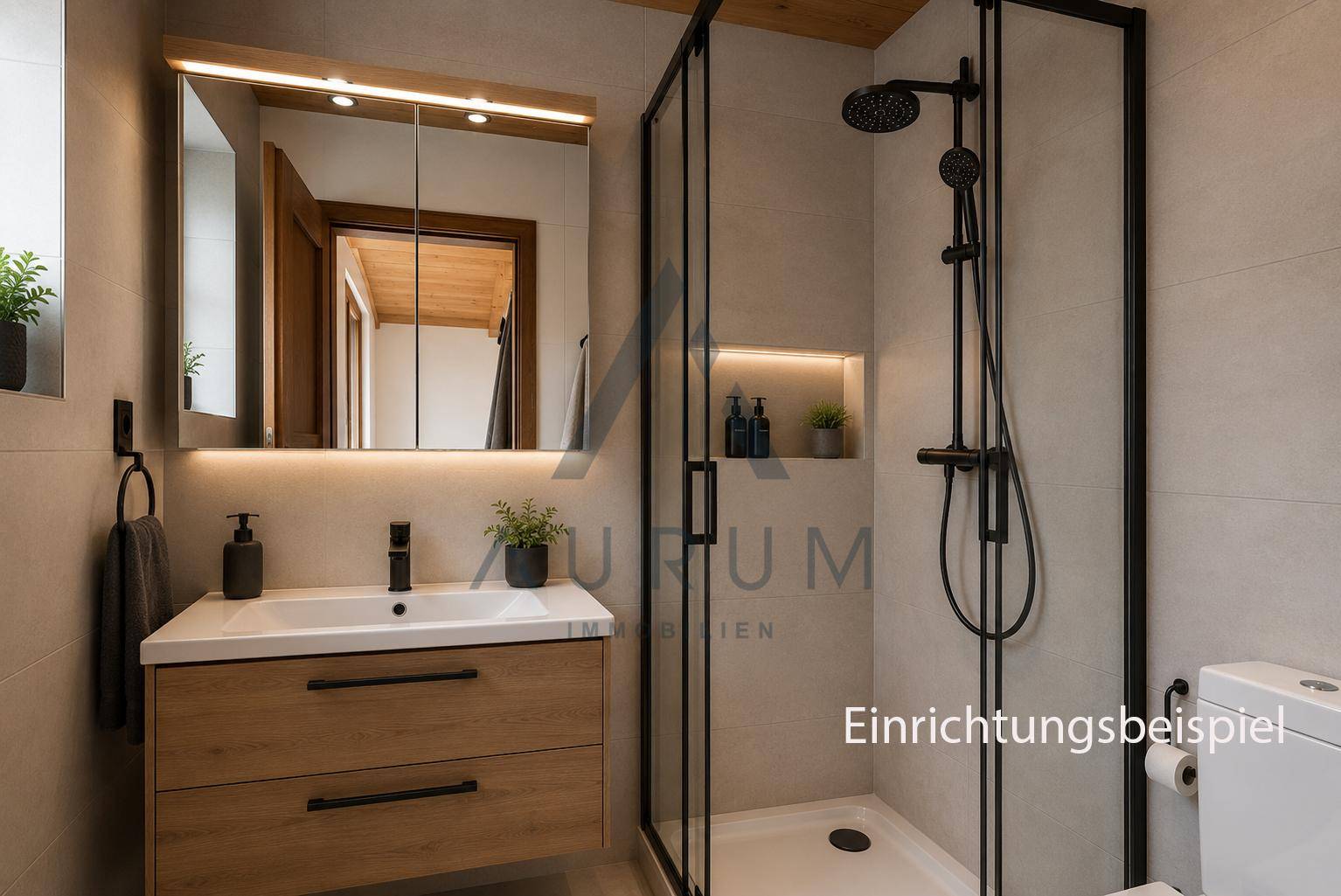 Modernes Badezimmer mit begehbarer Dusche, Holzwaschtisch und Spiegelschrank.