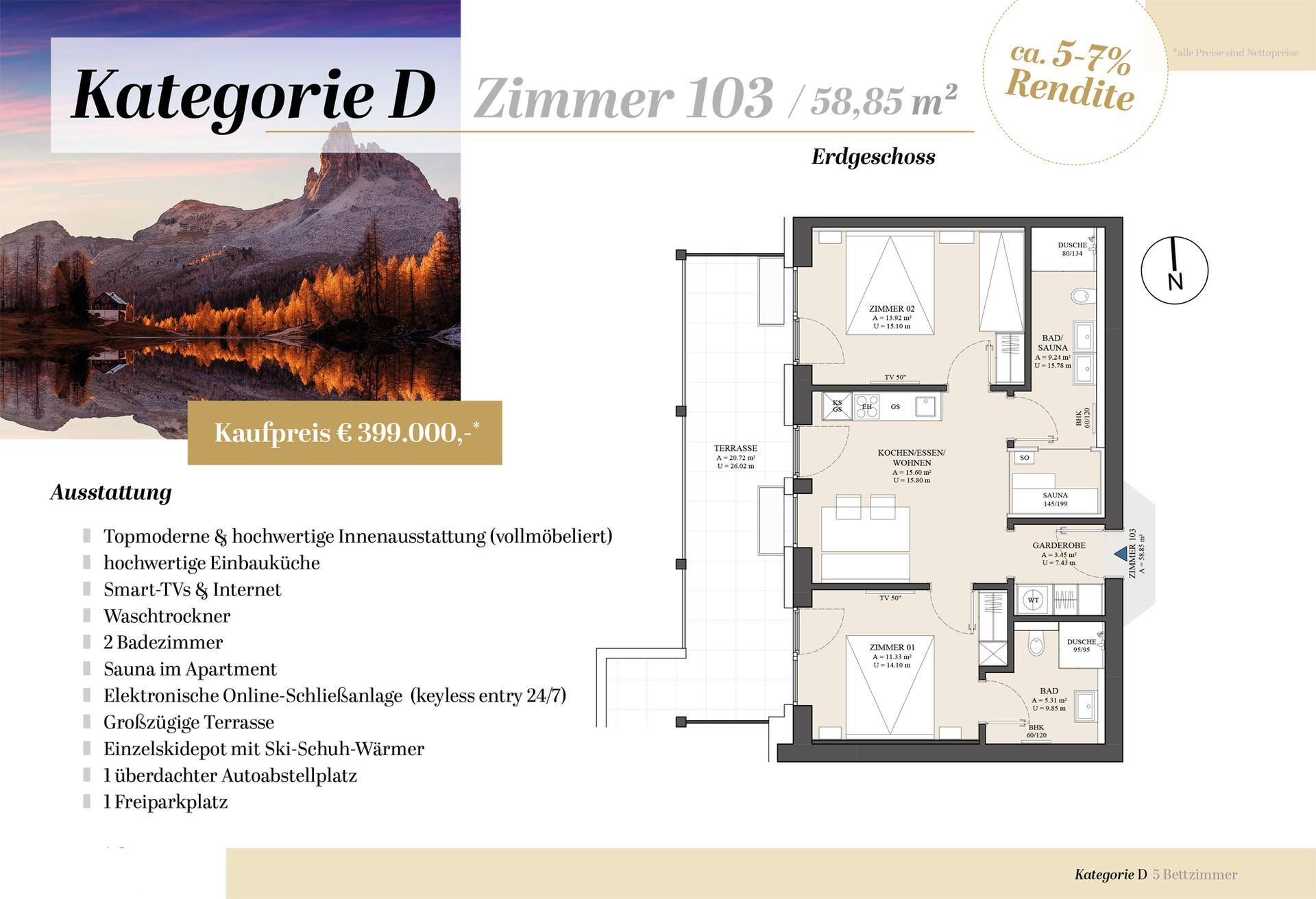 Grundriss einer Erdgeschosswohnung mit zwei Schlafzimmern, zwei Bädern und großer Terrasse.