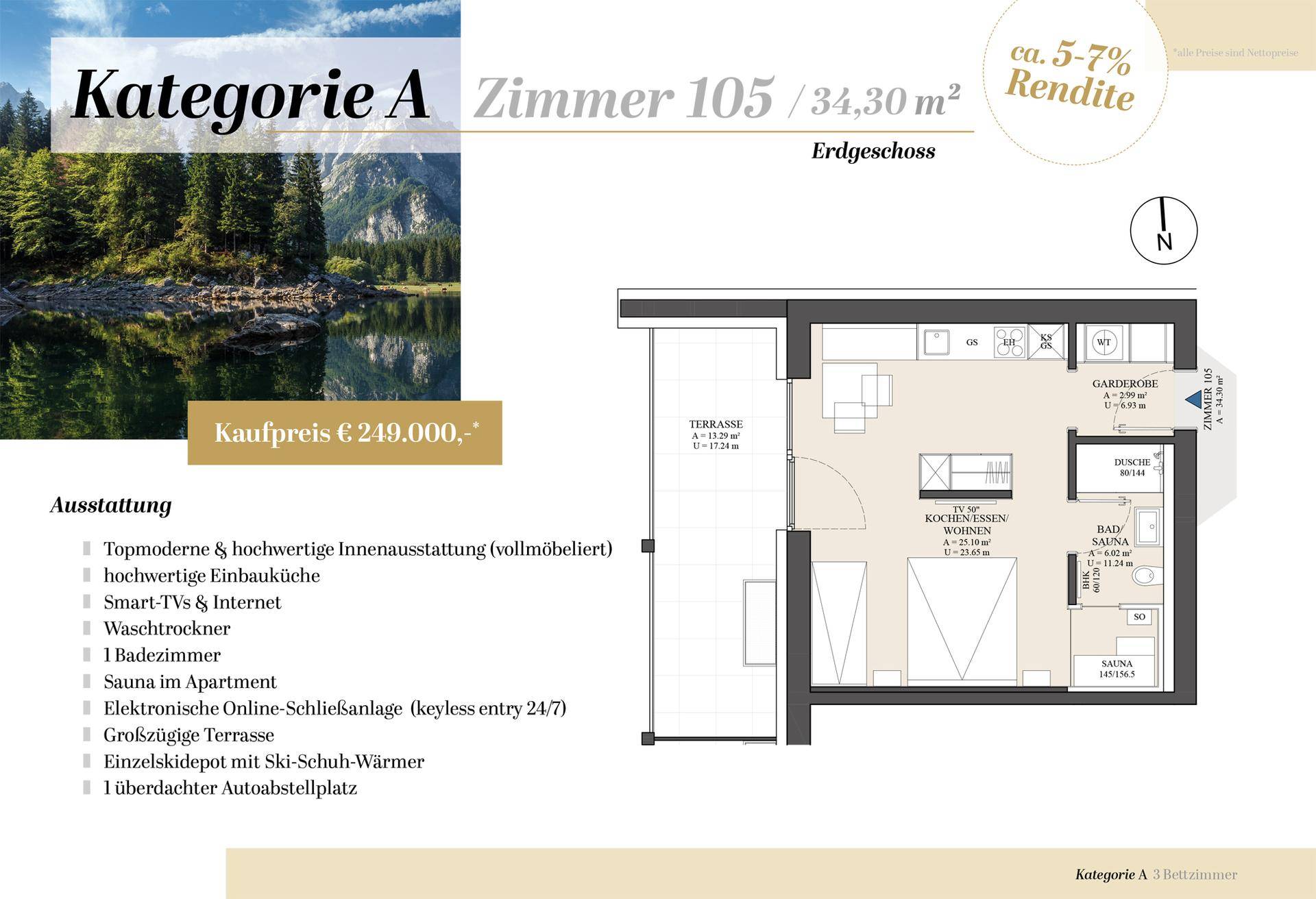 Grundriss einer Erdgeschosswohnung mit Terrasse, offenem Wohnbereich und integrierter Sauna.