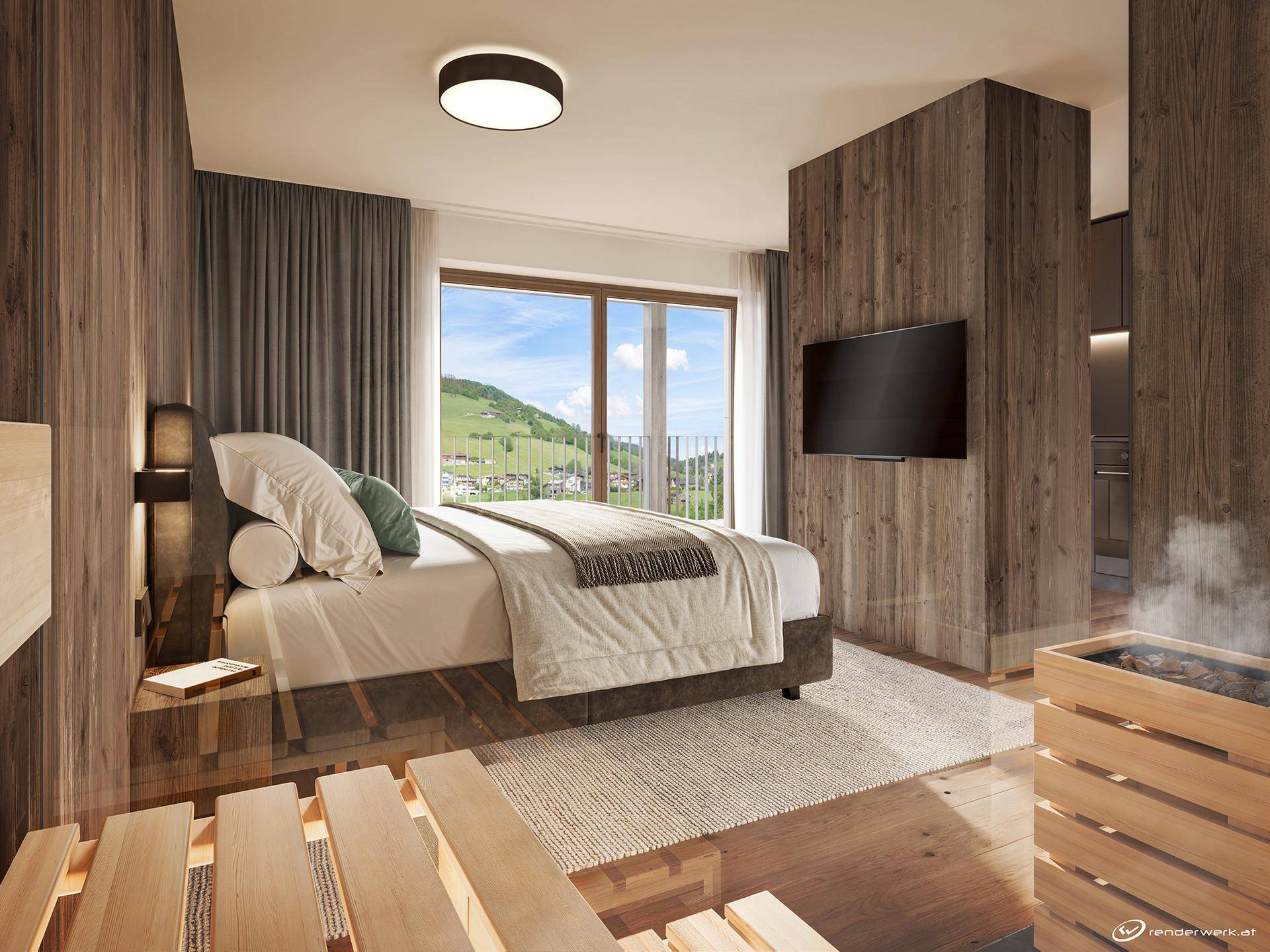 Gemütliches Schlafzimmer mit Holzwänden, großem Fenster und integrierter Sauna mit Bergblick.