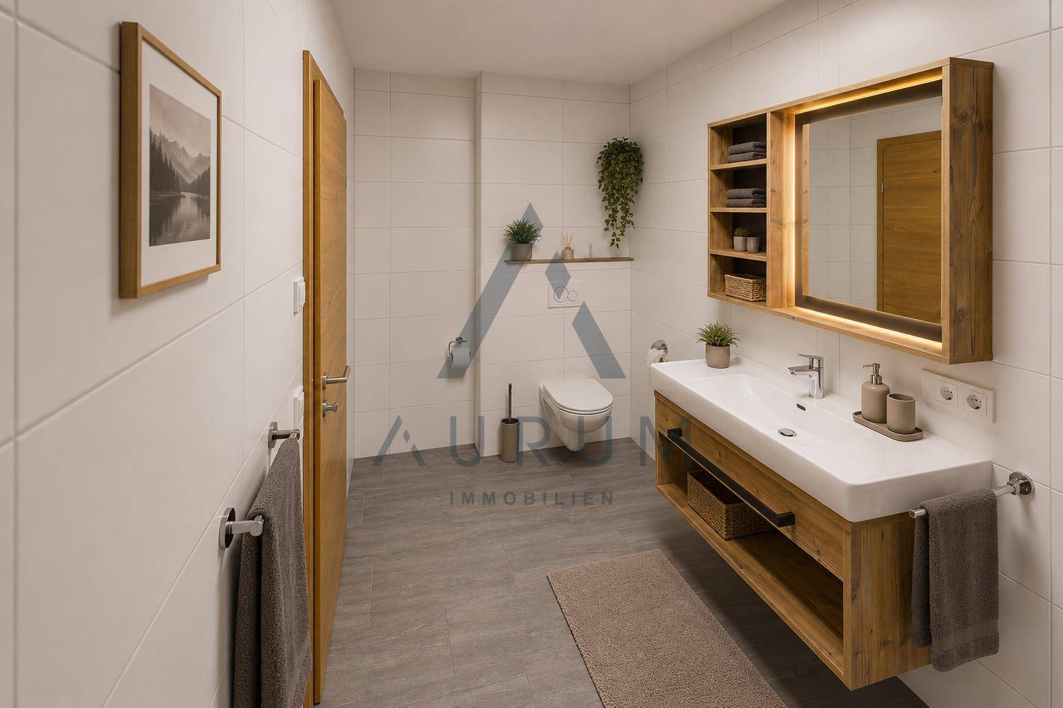 Modernes Badezimmer mit Holzwaschtisch, großem Spiegel, weißen Fliesen und wandhängendem WC.