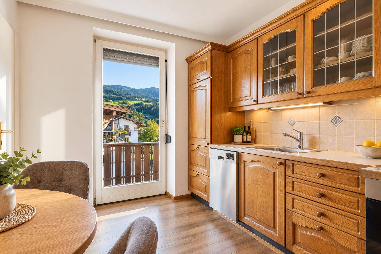 Gemütliche Holzküche mit Essbereich, Einbaugeräten und malerischem Bergblick vom Balkon.