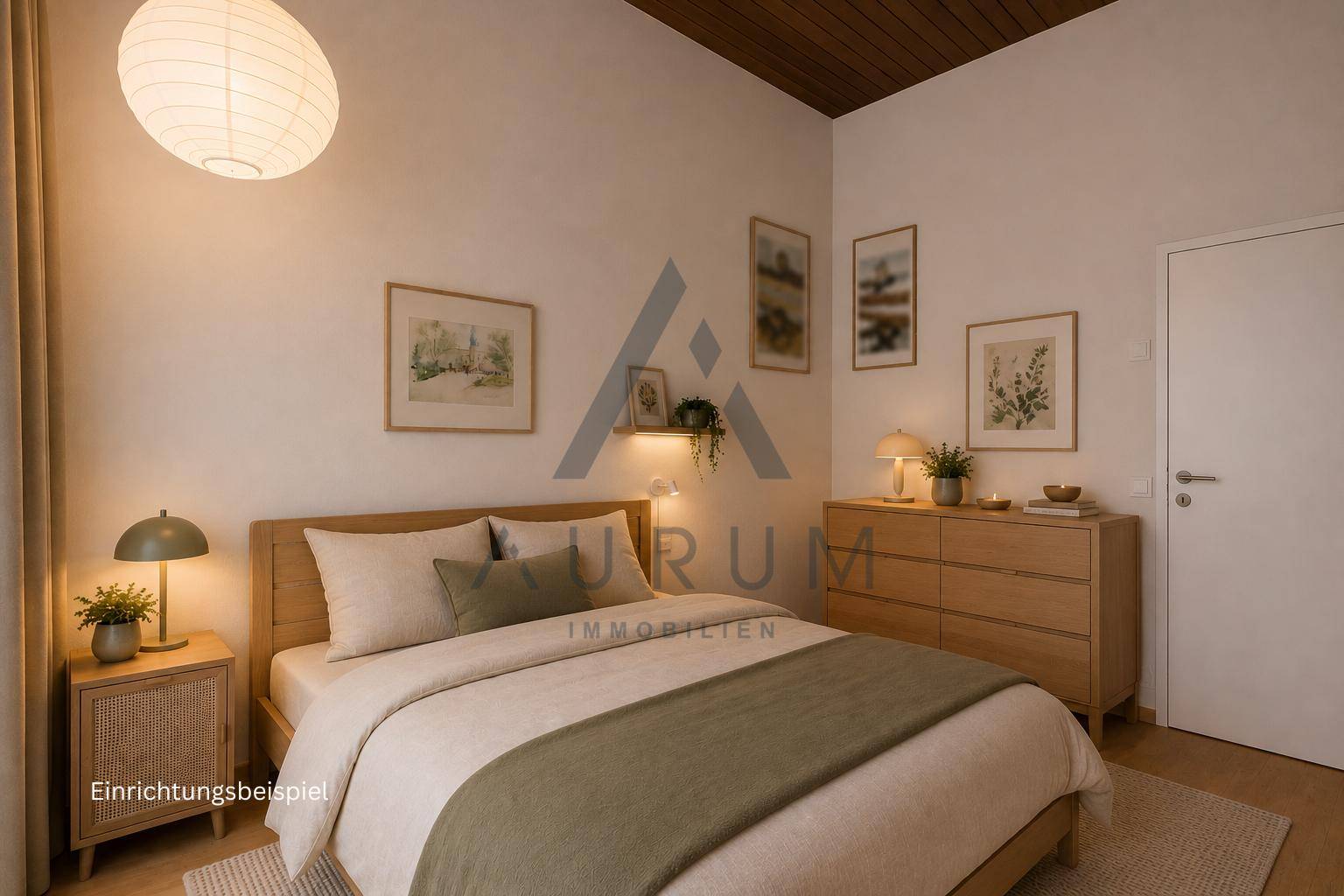 Schlafzimmer mit Holzbett, Kommode und indirekter Beleuchtung unter einer Holzdecke.