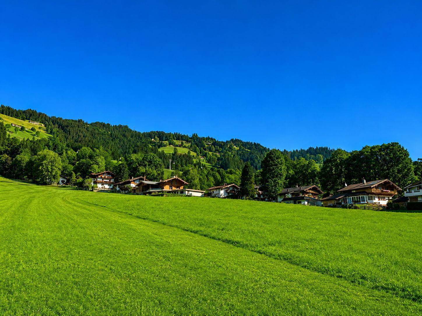 Panoramablick auf eine Reihe von Häusern, eingebettet in die grüne Hügellandschaft unter blauem Himmel.