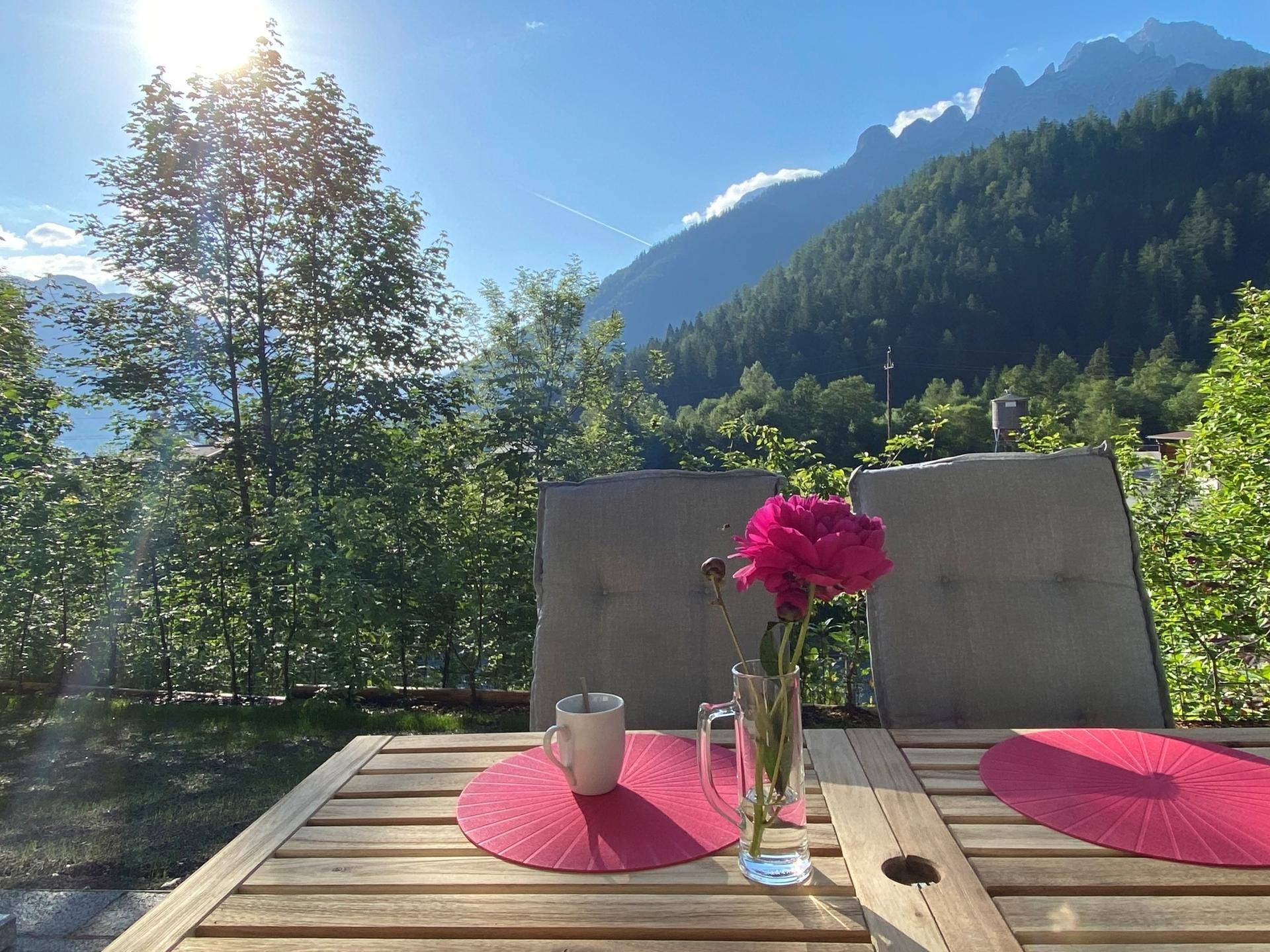 Sonniger Gartenbereich mit Holztisch und Stühlen, umgeben von grünen Bäumen und Bergblick.