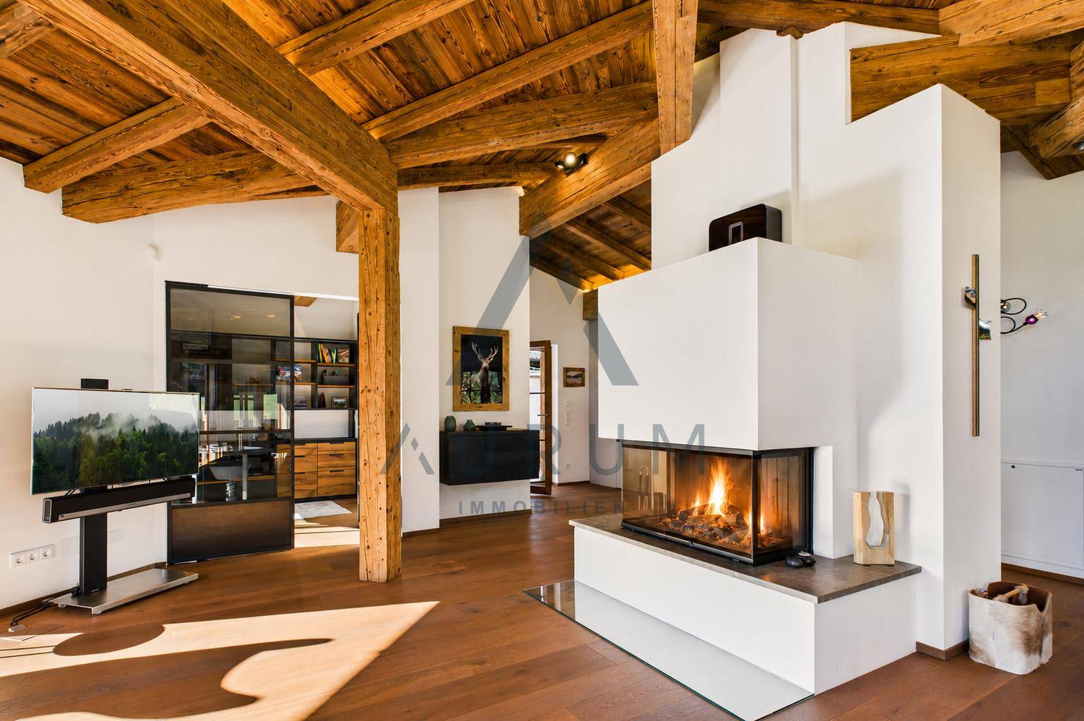 Gemütliches Wohnzimmer mit modernem Kamin, Holzbalkendecke und Holzboden.