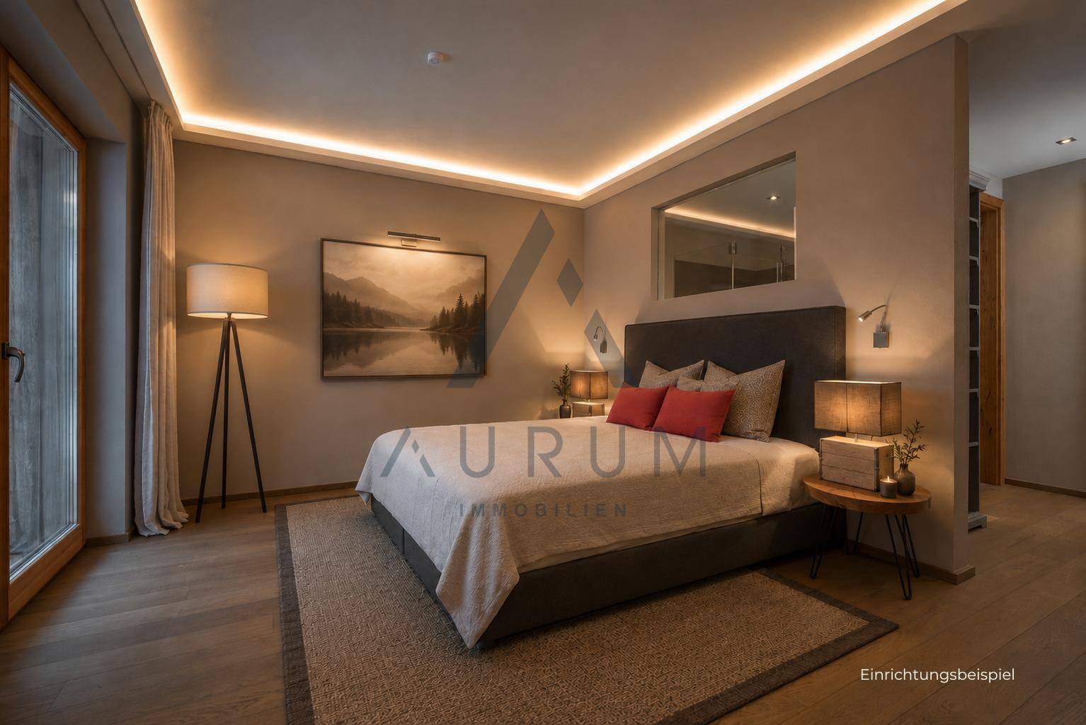 Gemütliches Schlafzimmer mit großem Bett, indirekter Beleuchtung und Holzboden.