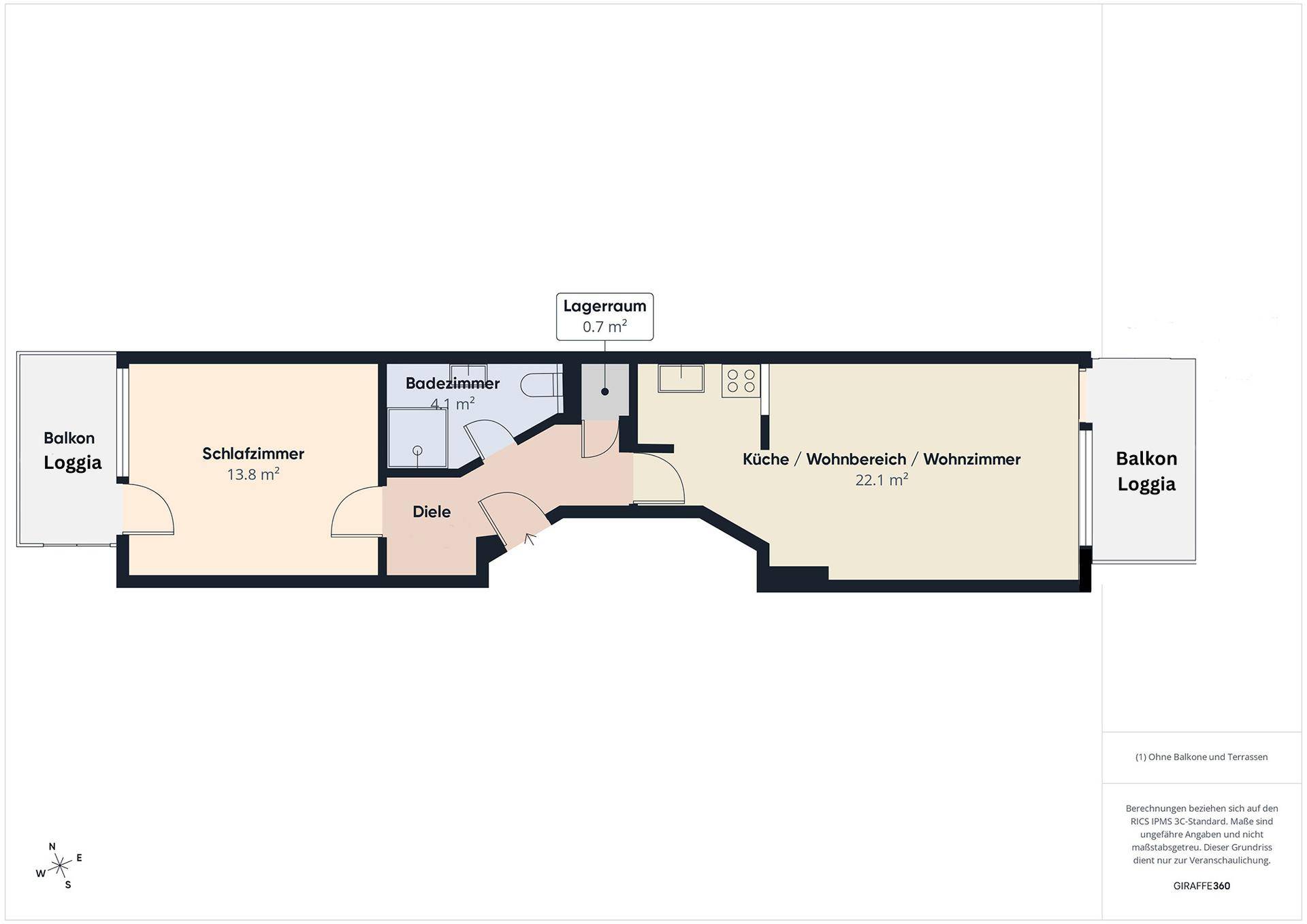 Grundriss der Wohnung mit Schlafzimmer, Bad, Wohnbereich und zwei Balkonen/Loggien.