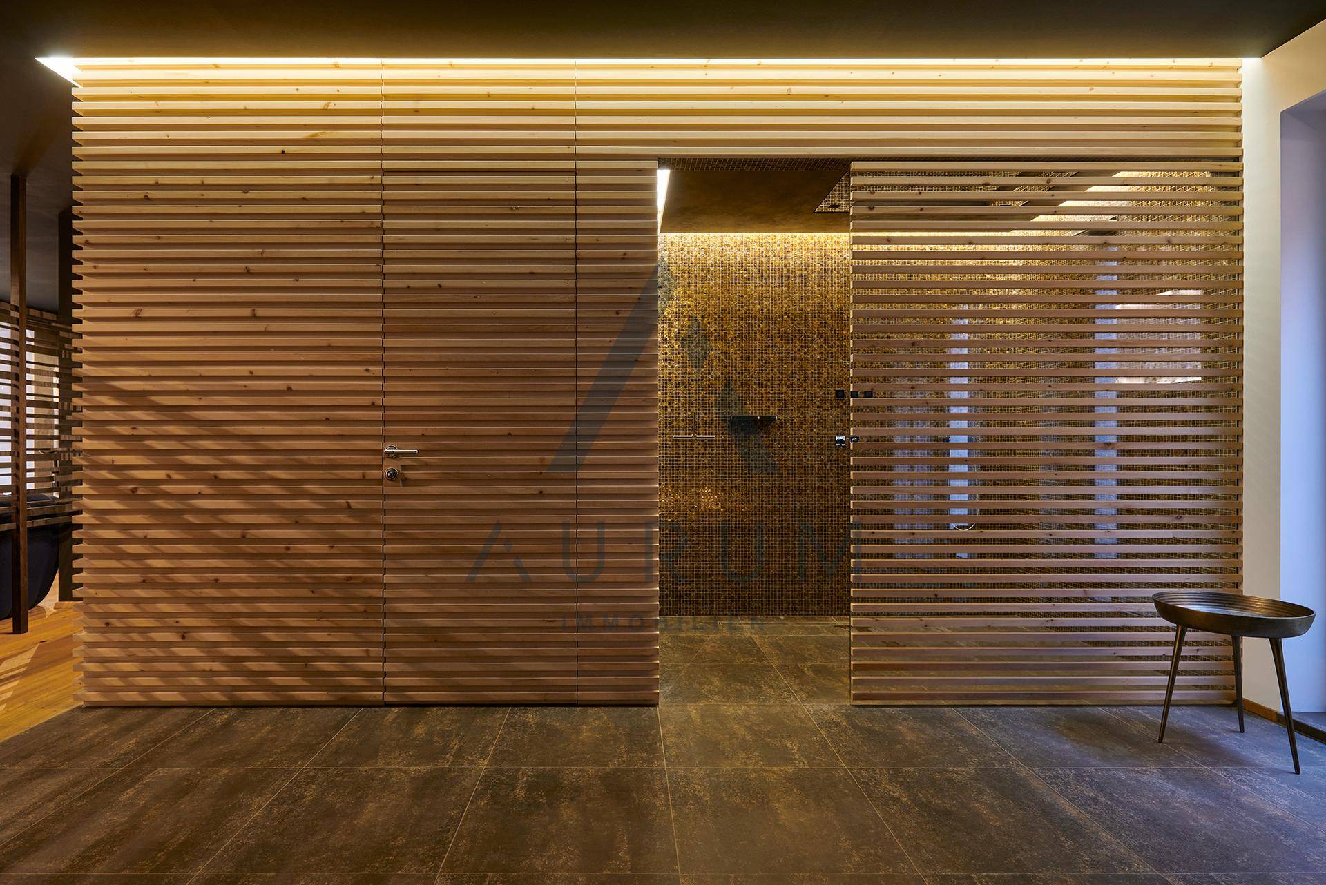 Moderner Wellnessbereich mit Holzwänden und Zugang zu einer luxuriösen Dusch- oder Dampfsauna.