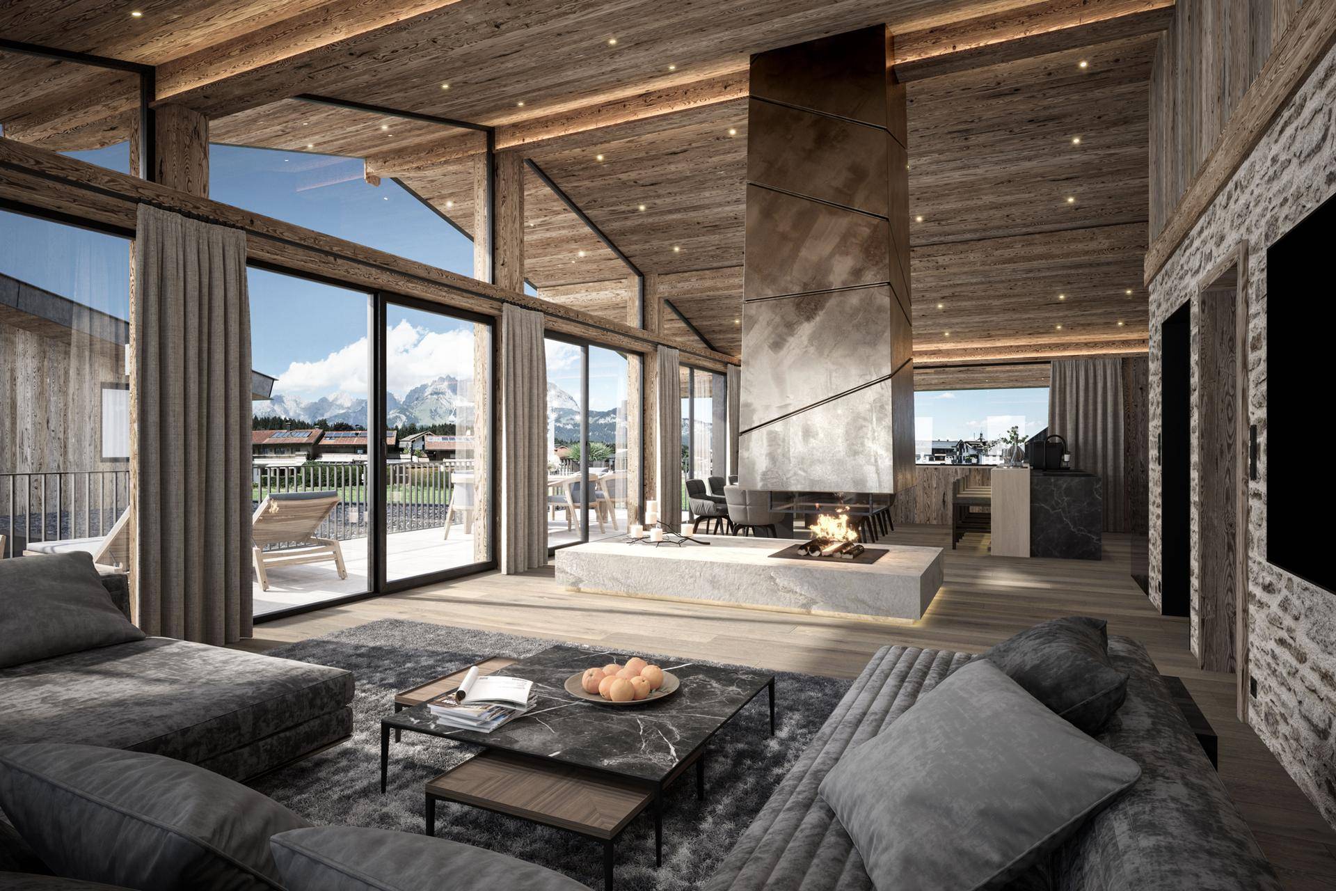 Stilvolles Wohnzimmer mit Kamin, Holzakzenten und großen Fenstern mit Panoramablick auf die Berge.