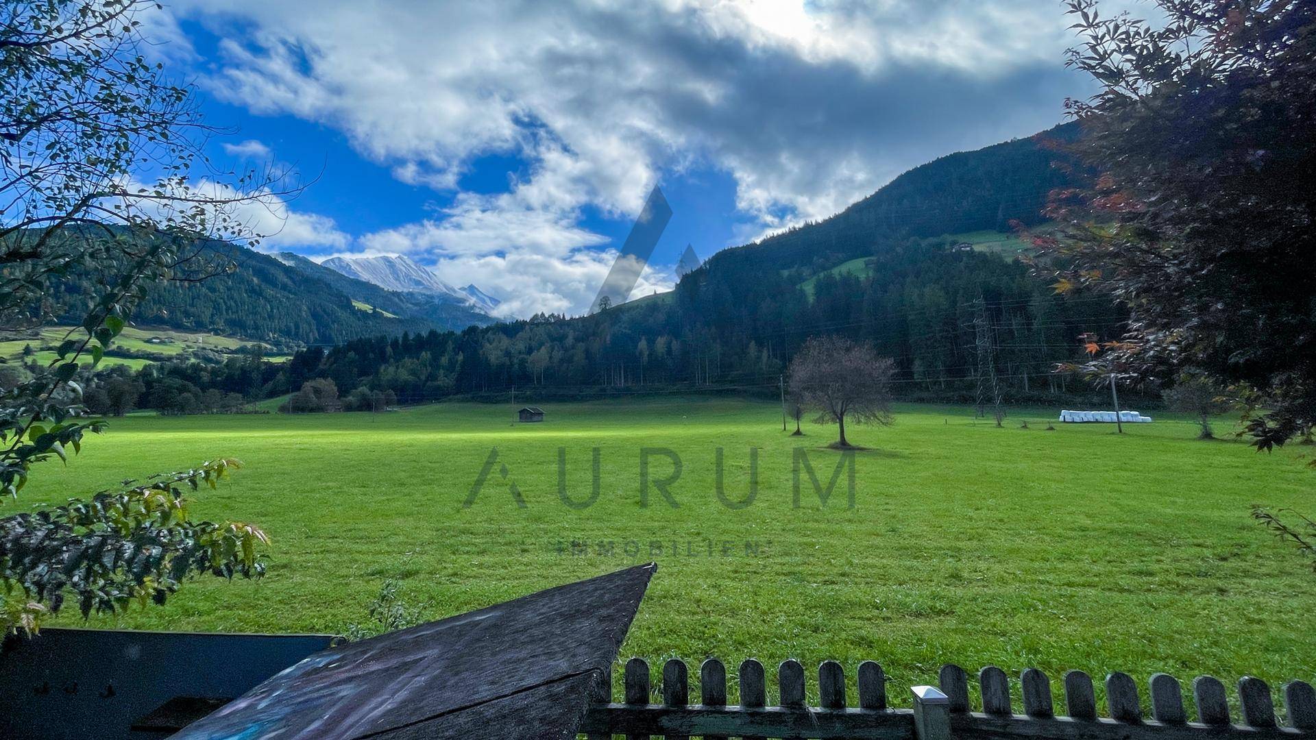 Weitläufiger Blick über grüne Wiesen und bewaldete Berge unter blauem Himmel.