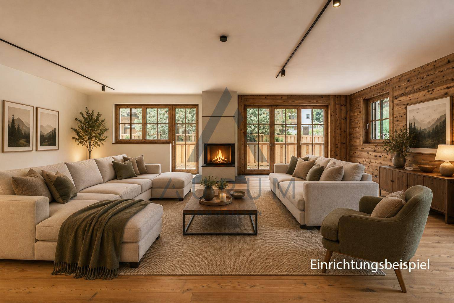 Geräumiges Wohnzimmer mit modernem Kamin, Holzwänden und großen Fenstern, die viel natürliches Licht hereinlassen.