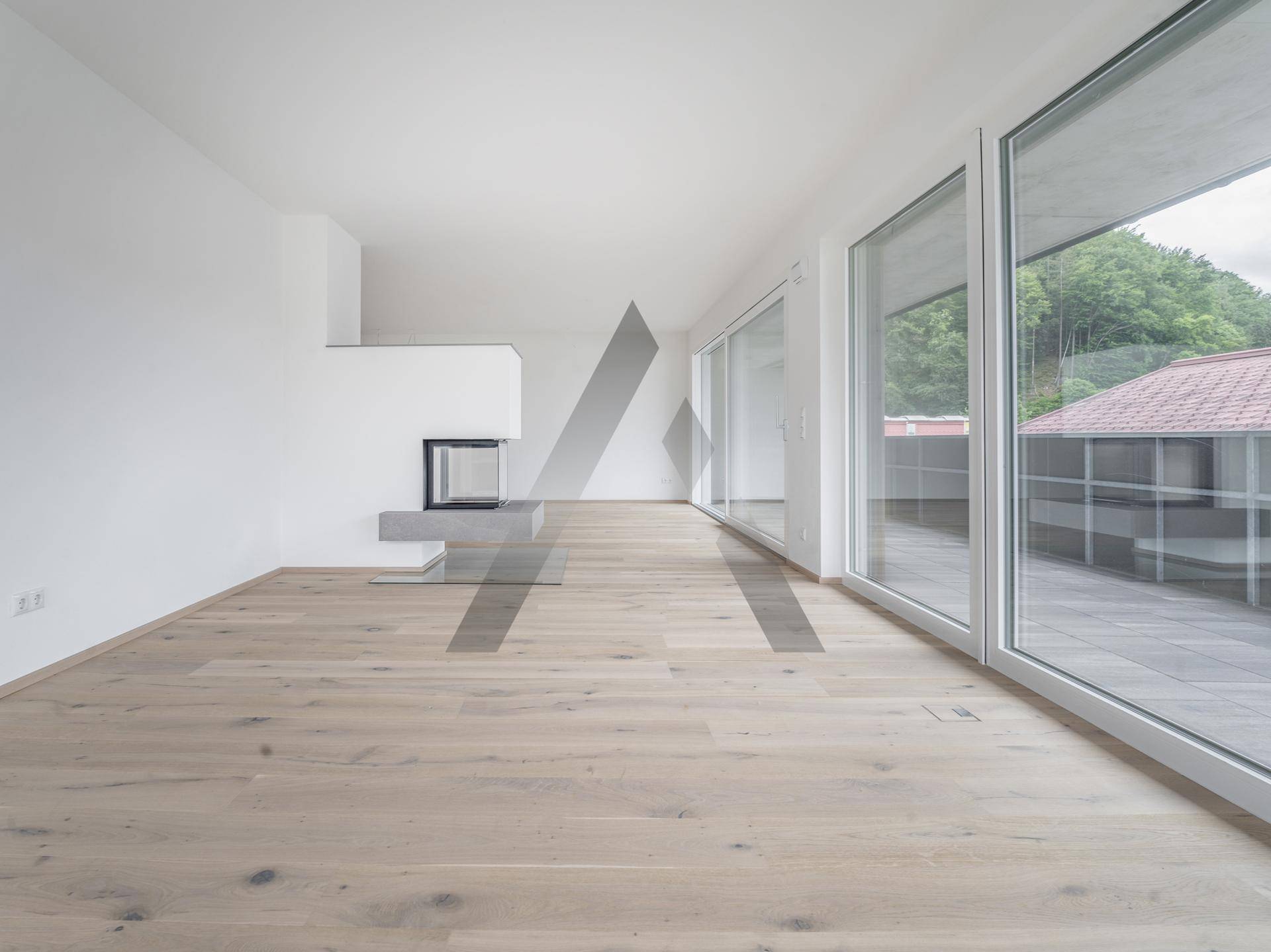 Modernes Wohnzimmer mit Kamin, Holzboden und großen Schiebetüren, die auf eine Terrasse führen.
