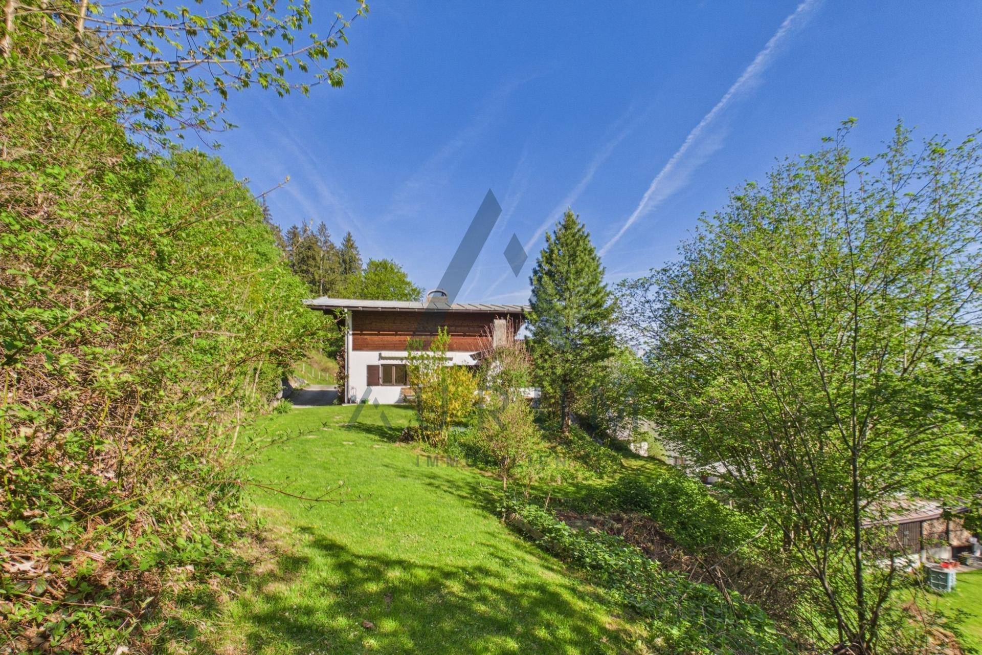 Weitläufiger Garten mit üppigem Grün und einem Haus am Hang, umgeben von Bäumen und Natur.