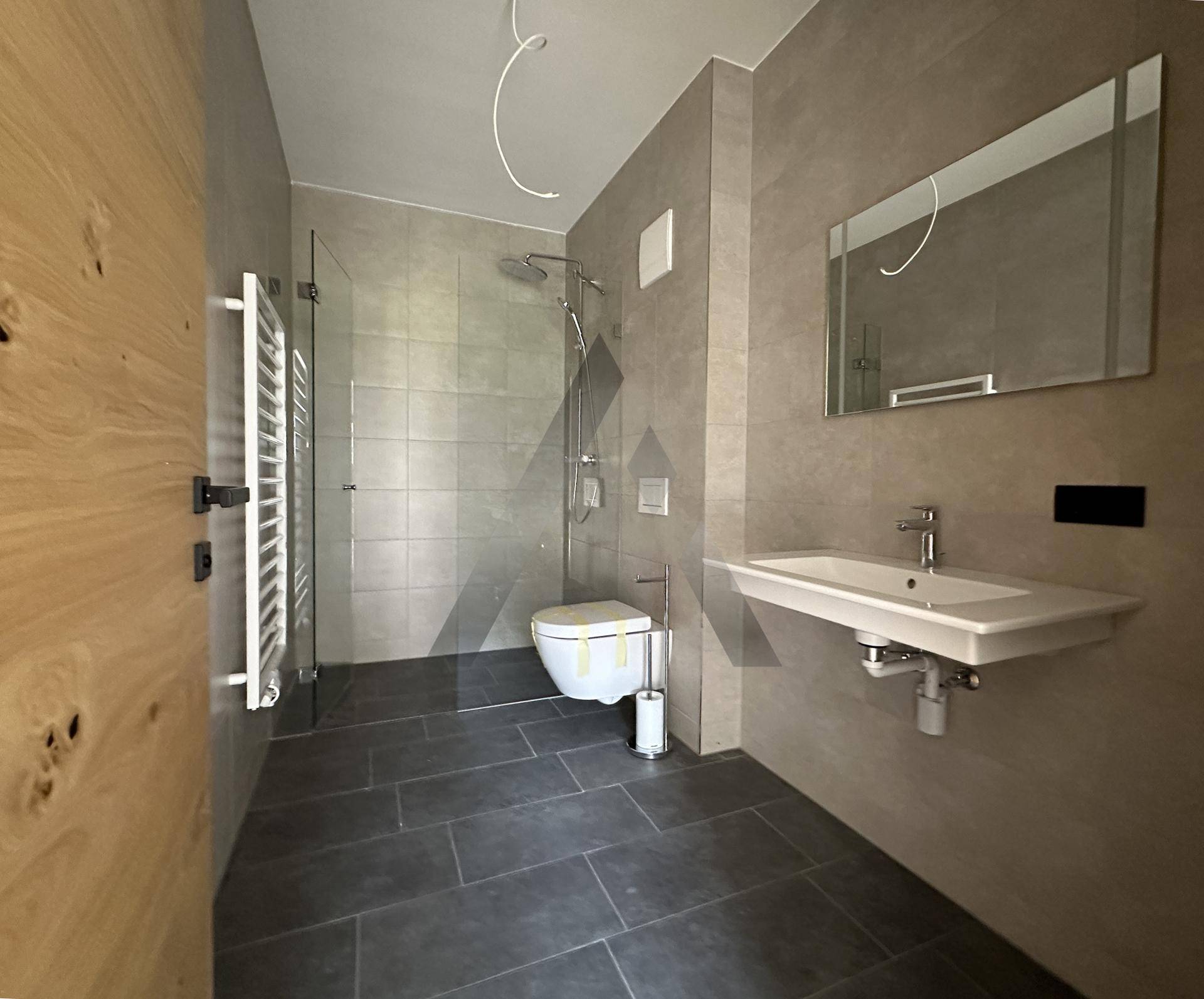 Modernes Badezimmer mit grauen Fliesen, wandhängendem WC, Dusche und beheiztem Handtuchhalter.
