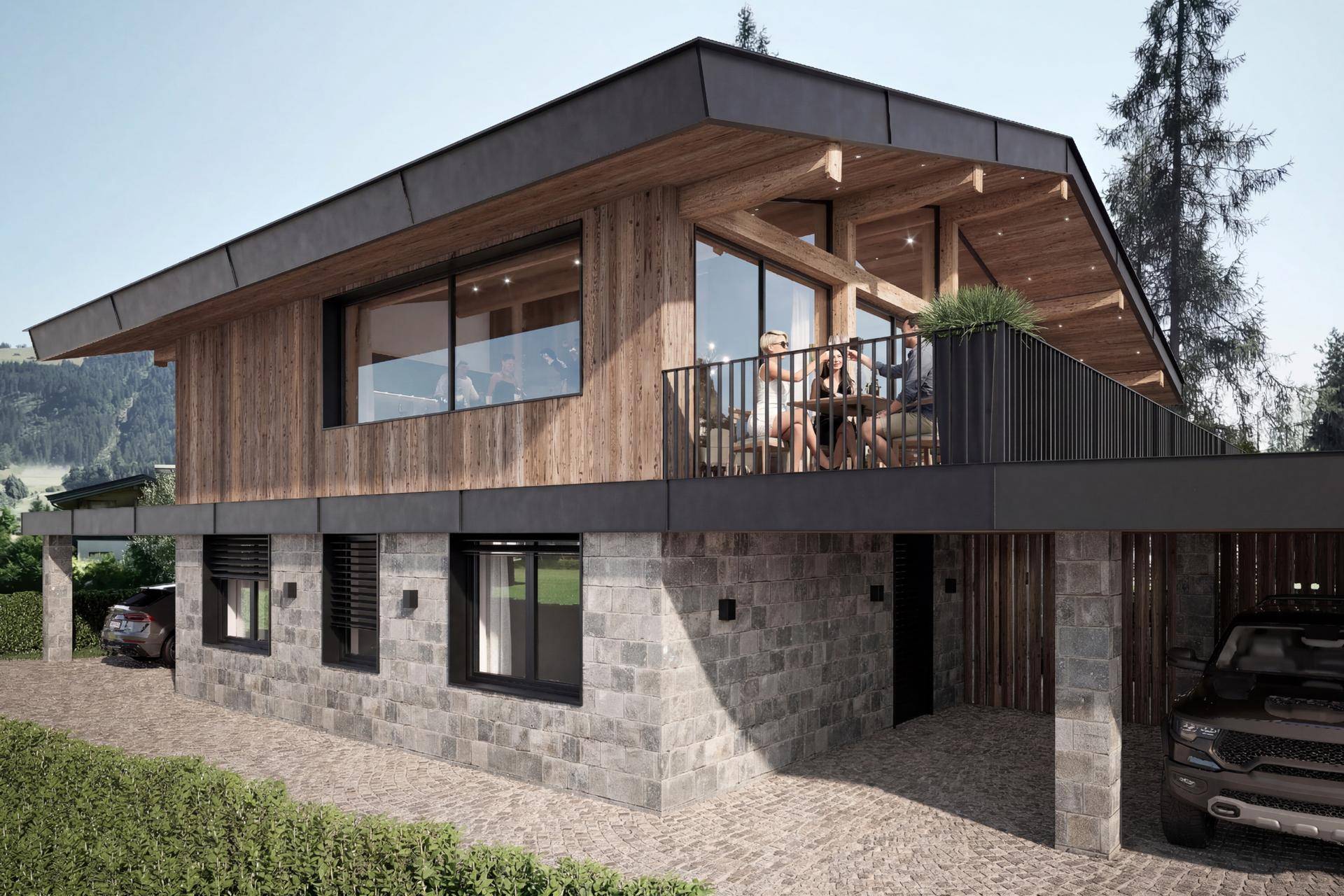 Elegantes Chalet mit moderner Holz- und Steinfassade, integriertem Carport und Bergblick.