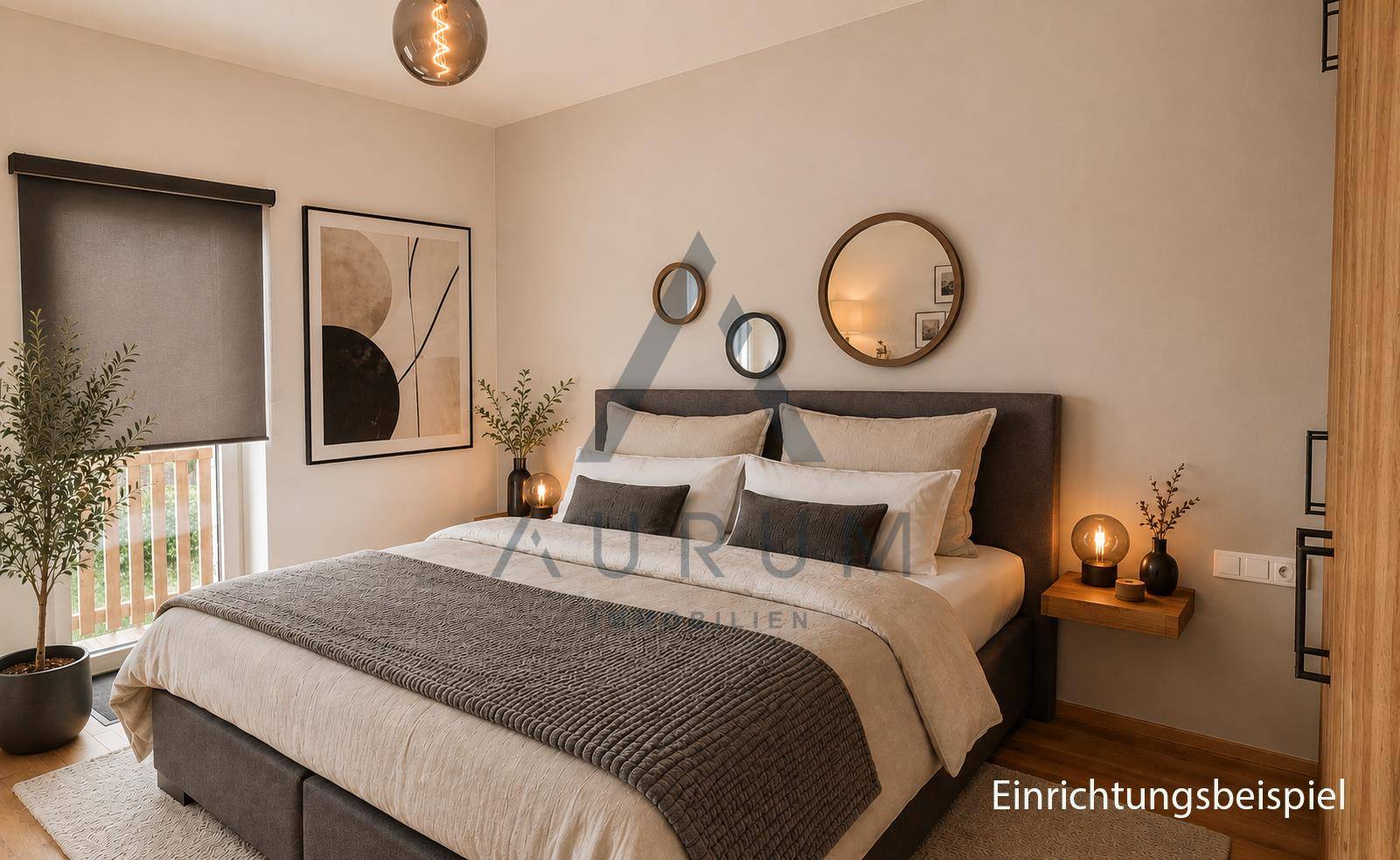 Modern eingerichtetes Schlafzimmer mit Doppelbett, Holzboden und stilvollen Dekorationselementen.