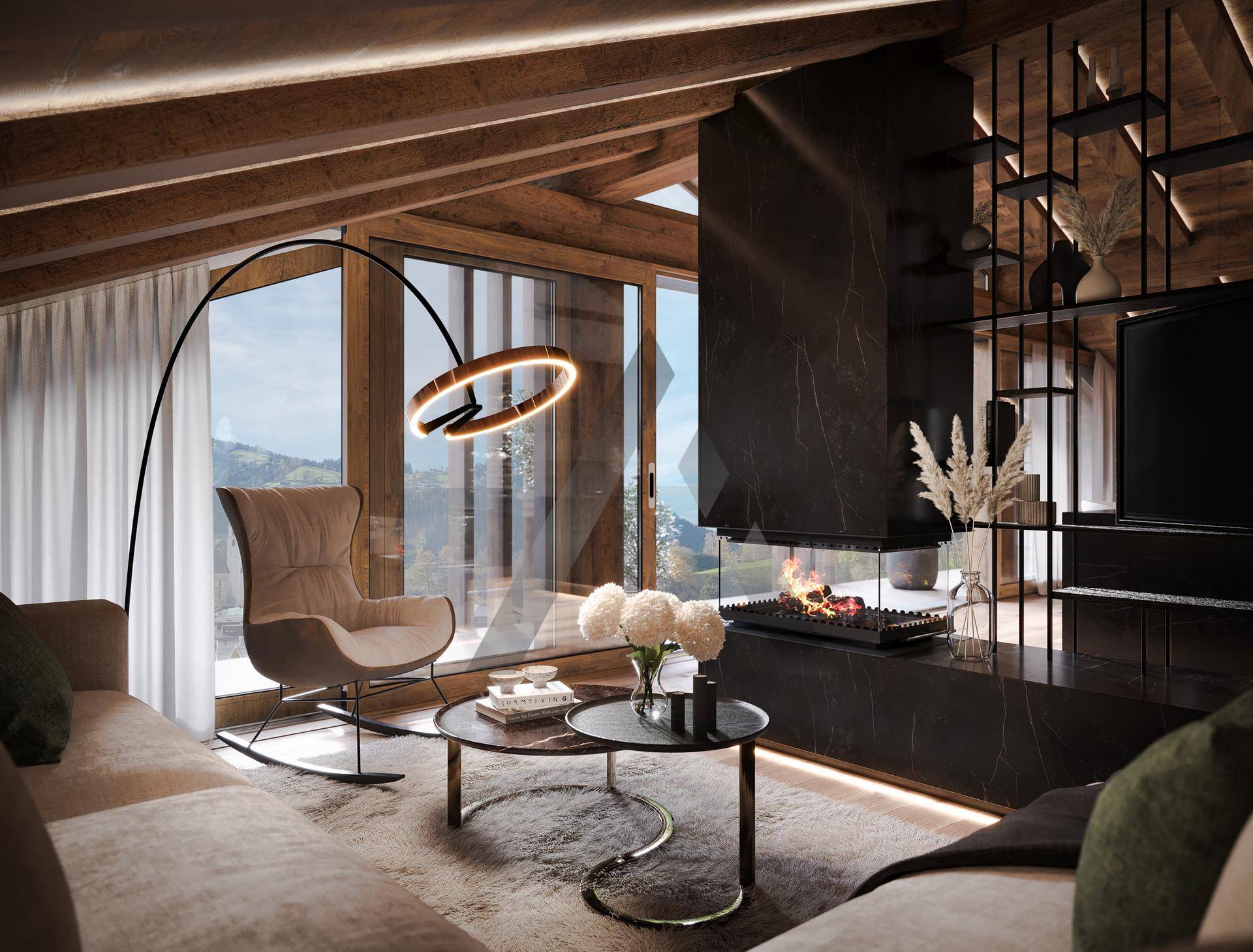 Luxuriöses Wohnzimmer mit offenem Kamin, Holzbalkendecke und atemberaubendem Bergblick durch große Fenster.