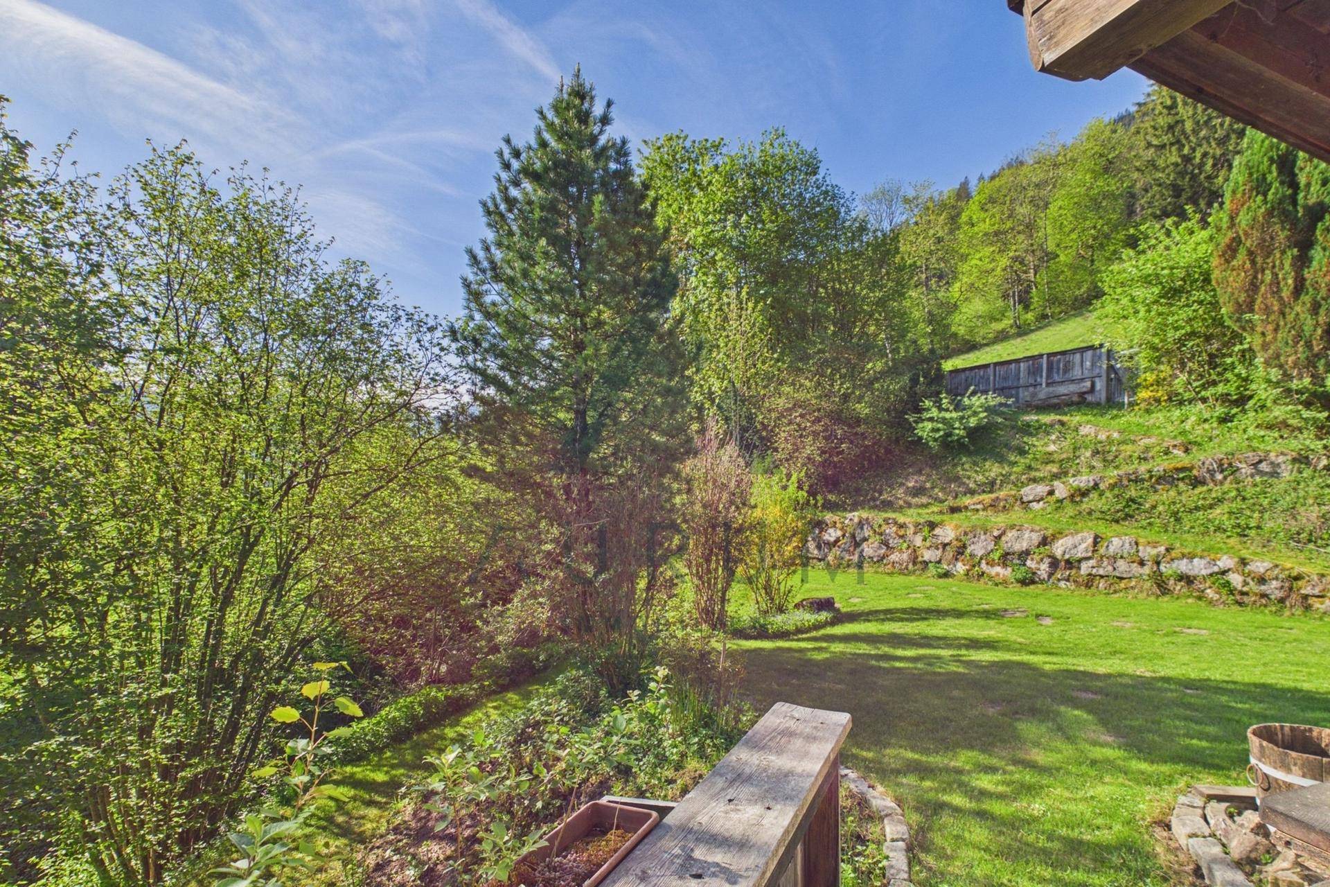 Idyllischer Gartenbereich mit Steinterrassen und üppiger Vegetation, umgeben von Wald und Natur.