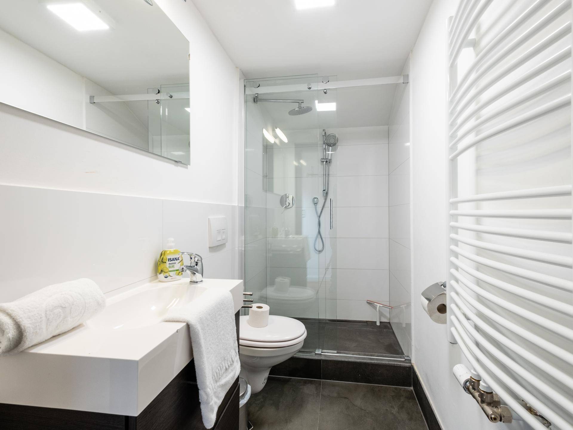Funktionales Badezimmer mit ebenerdiger Dusche, Einzelwaschbecken, WC und beheiztem Handtuchhalter.