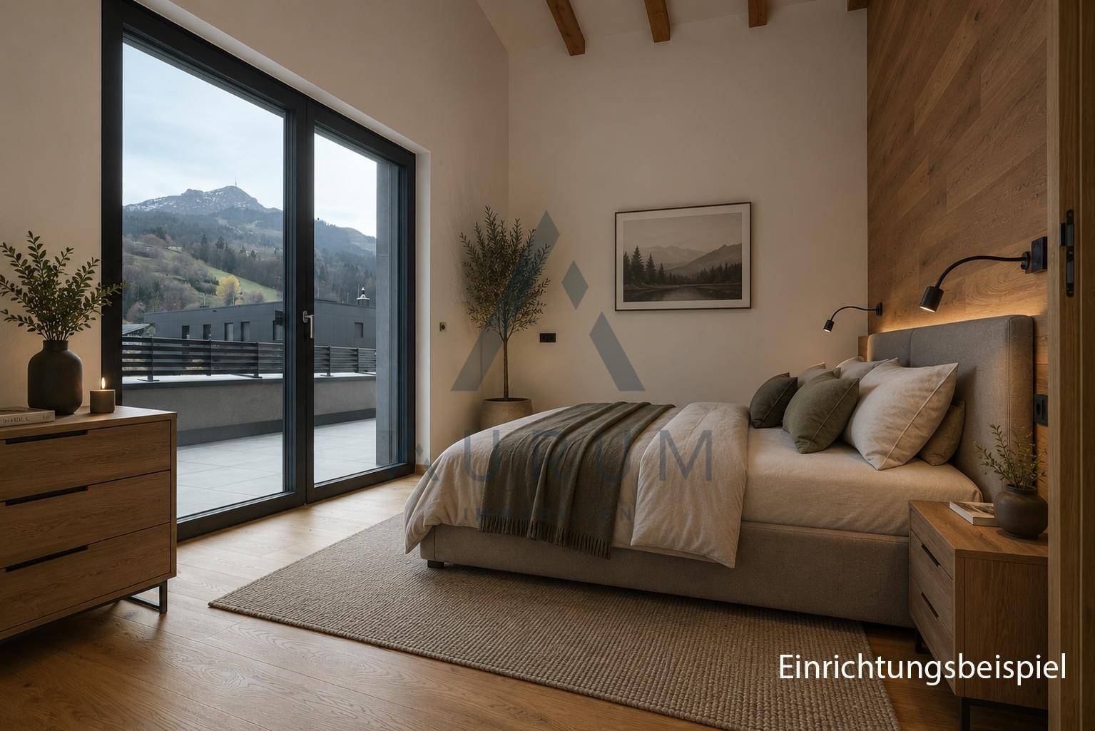Gemütliches Schlafzimmer mit Holzwand, großem Bett und Zugang zu einer Terrasse mit Bergblick.