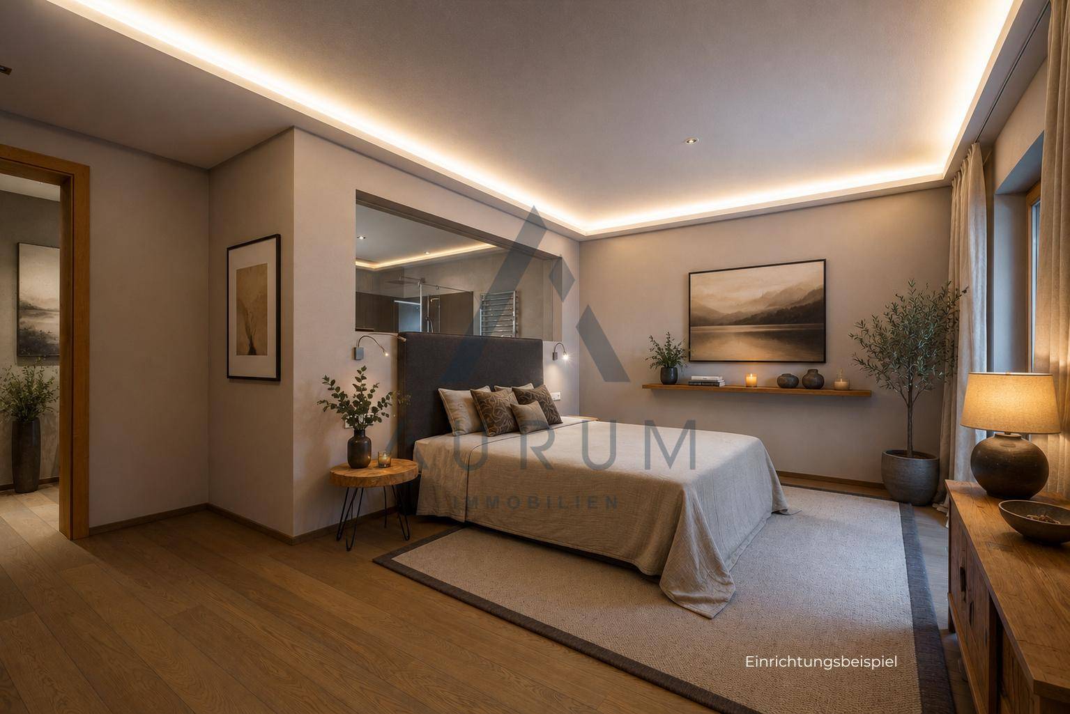 Modernes Schlafzimmer mit indirekter Beleuchtung, Holzboden und Blick auf die Natur.