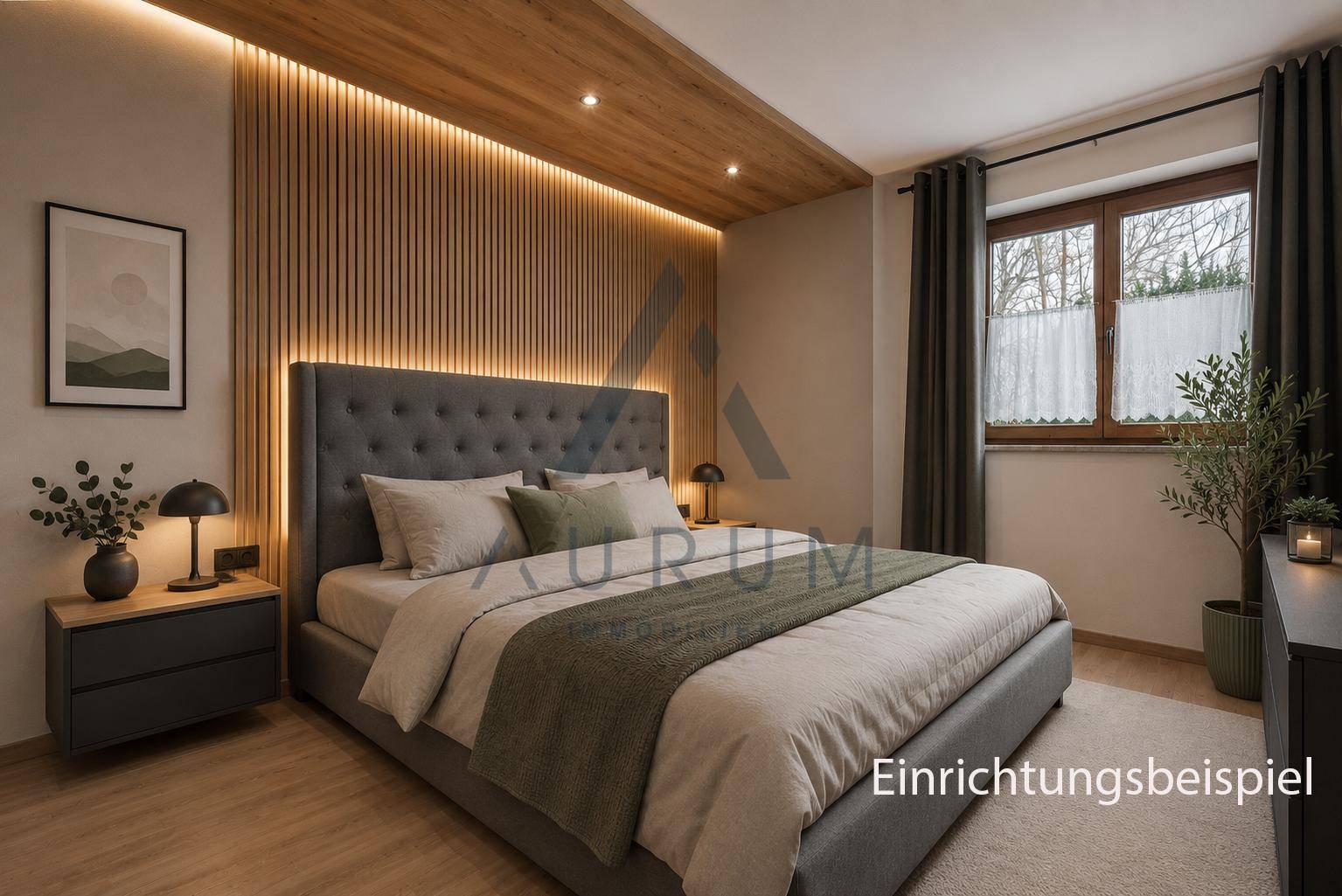 Modernes Schlafzimmer mit Holzwandverkleidung, indirekter Beleuchtung und großem Fenster.